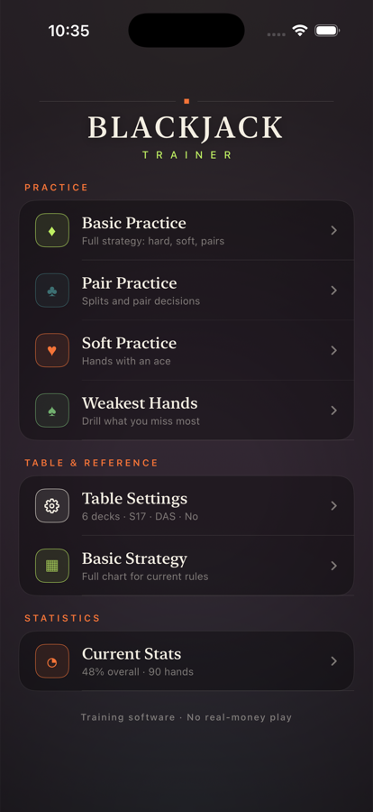 Blackjack Drill Trainer practice screen