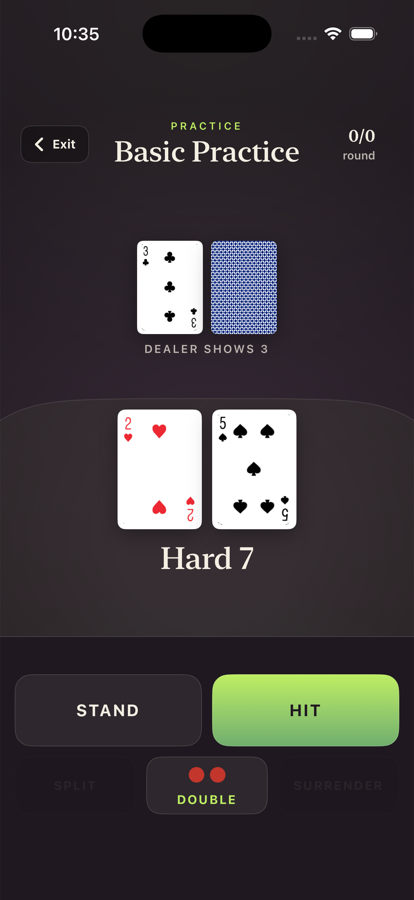 Blackjack Drill Trainer feedback screen