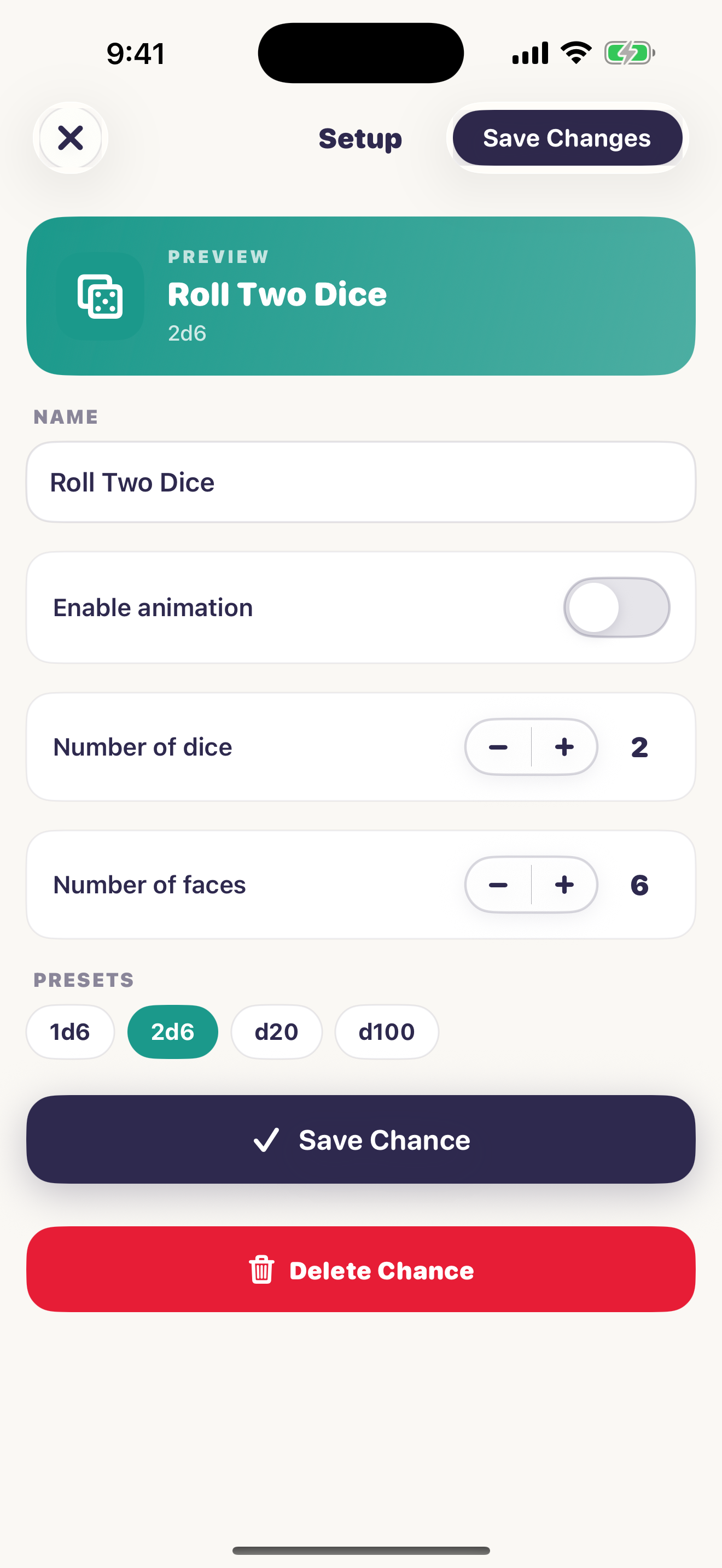Chance Kit dice setup screenshot