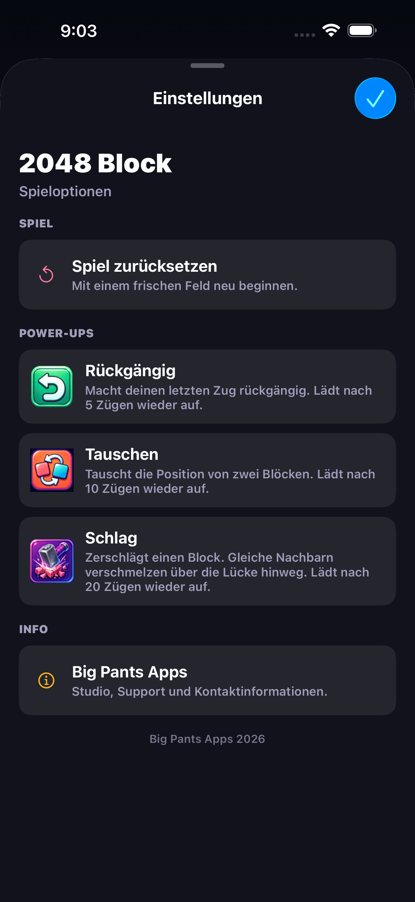 2048 Block Screenshot der Einstellungen