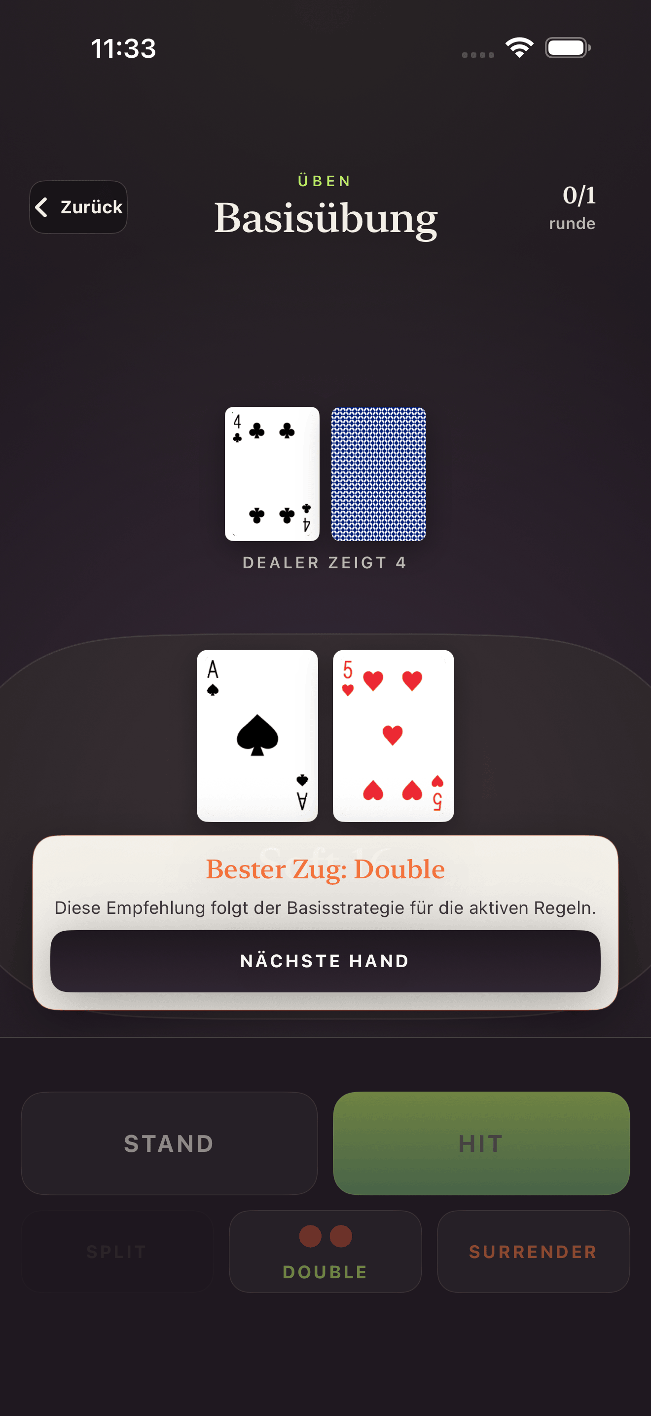 Blackjack Drill Trainer-Feedback-Bildschirm