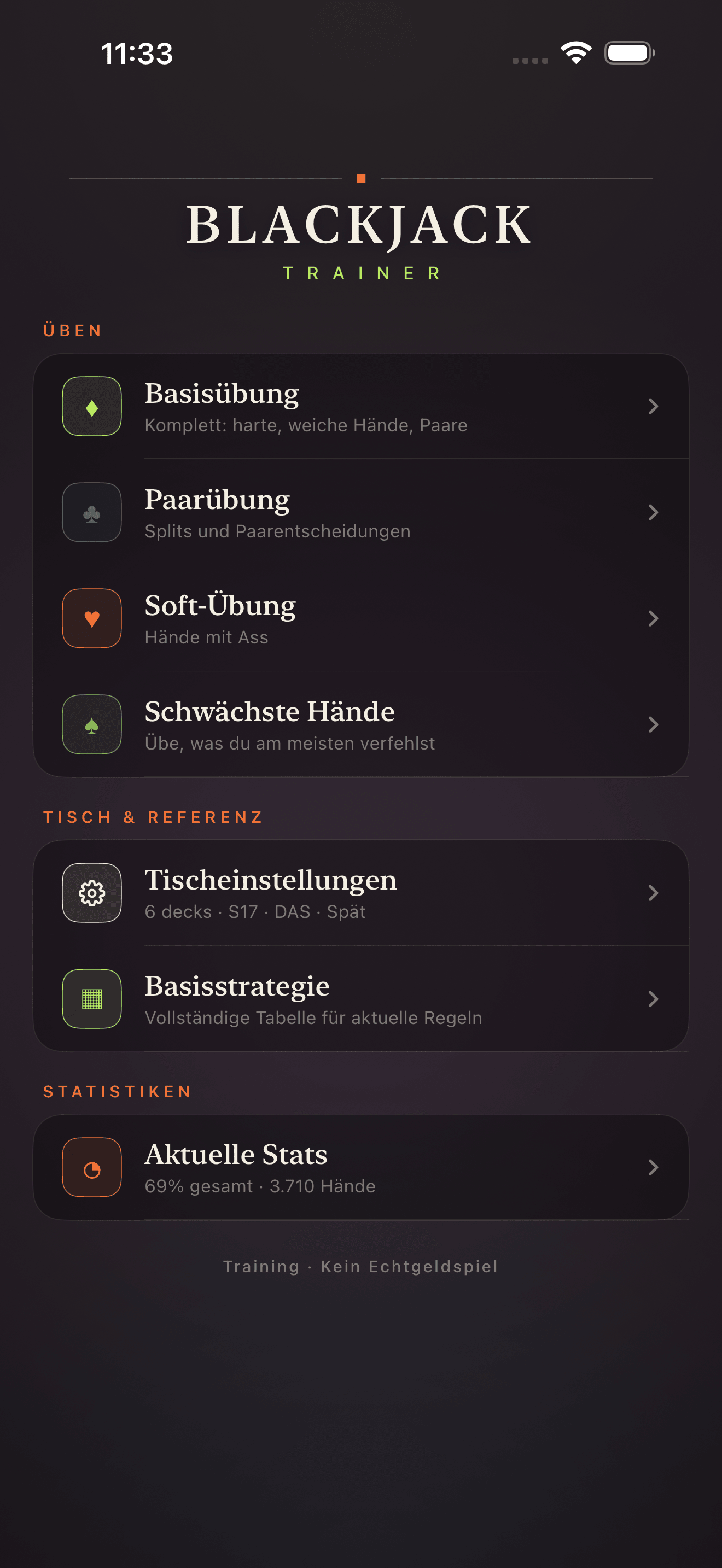 Blackjack Drill Trainer Hauptmenübildschirm