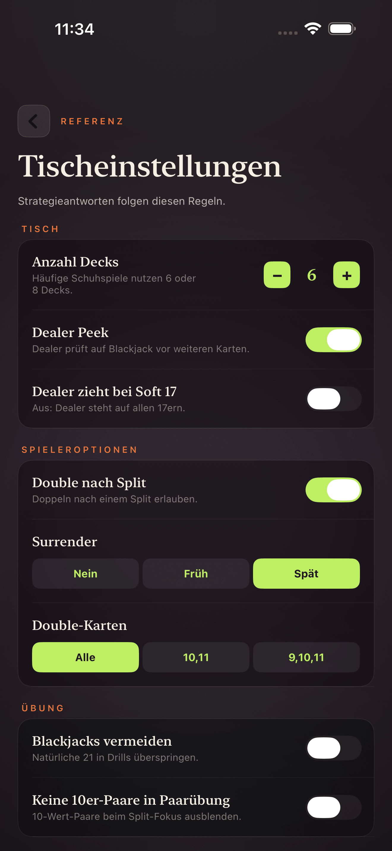 Blackjack Drill Trainer-Tabelleneinstellungsbildschirm