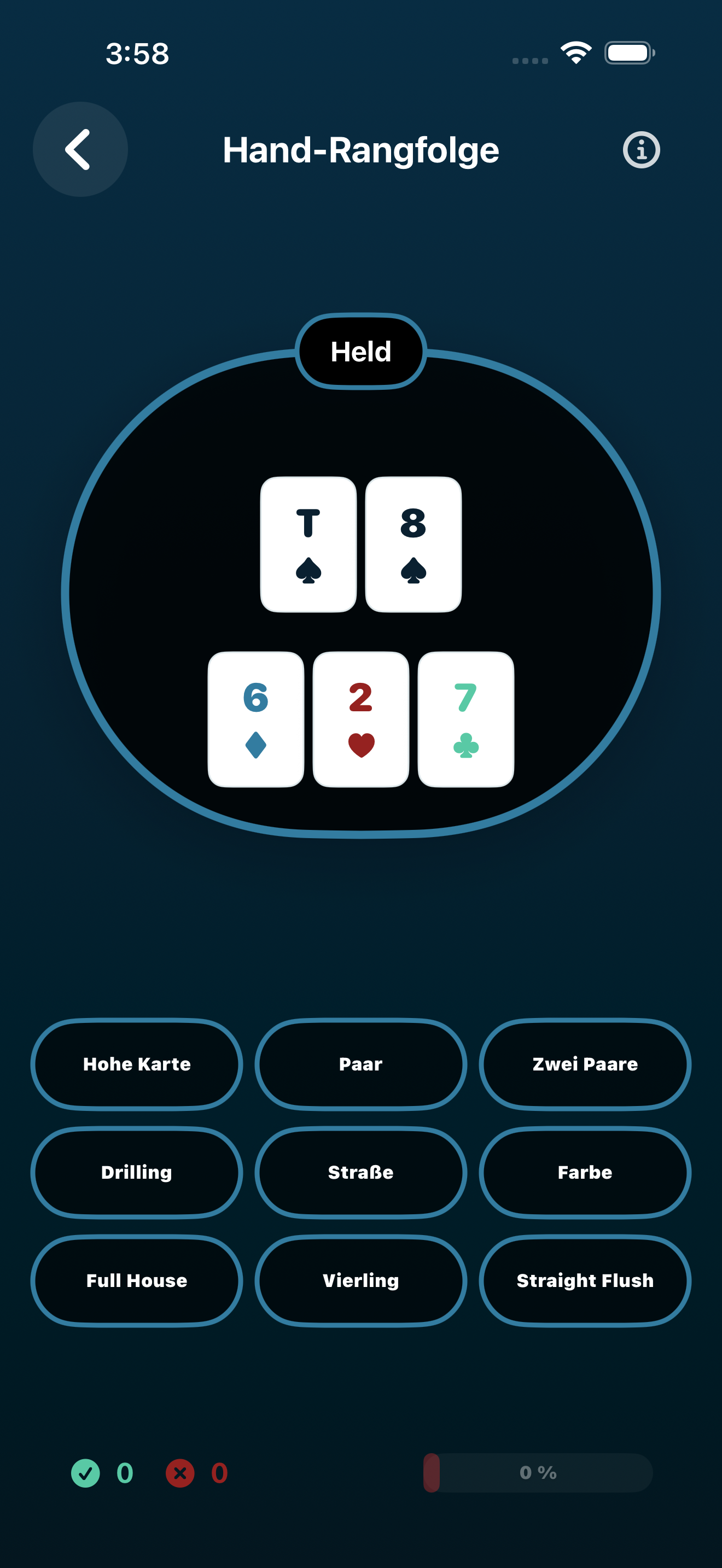 Poker Trainer Drills Screenshot der Handrangliste