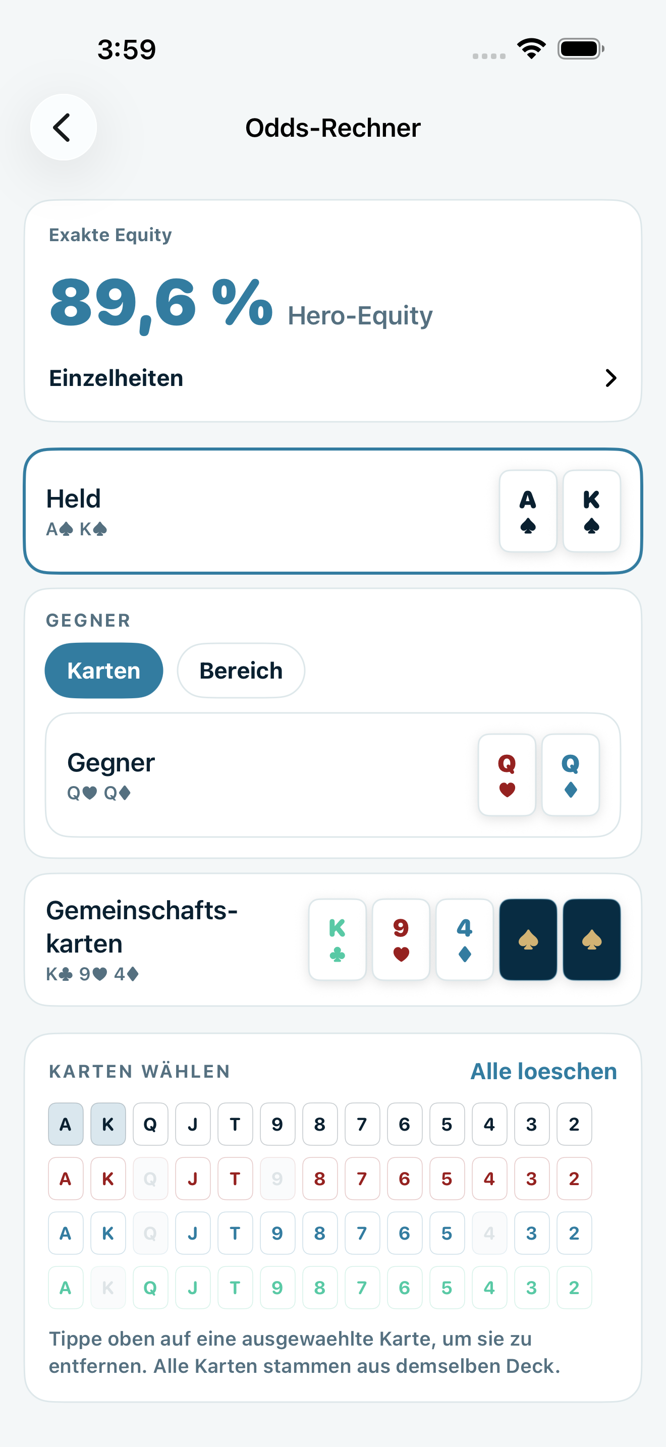 Poker Trainer Drills Screenshot des Quotenrechners