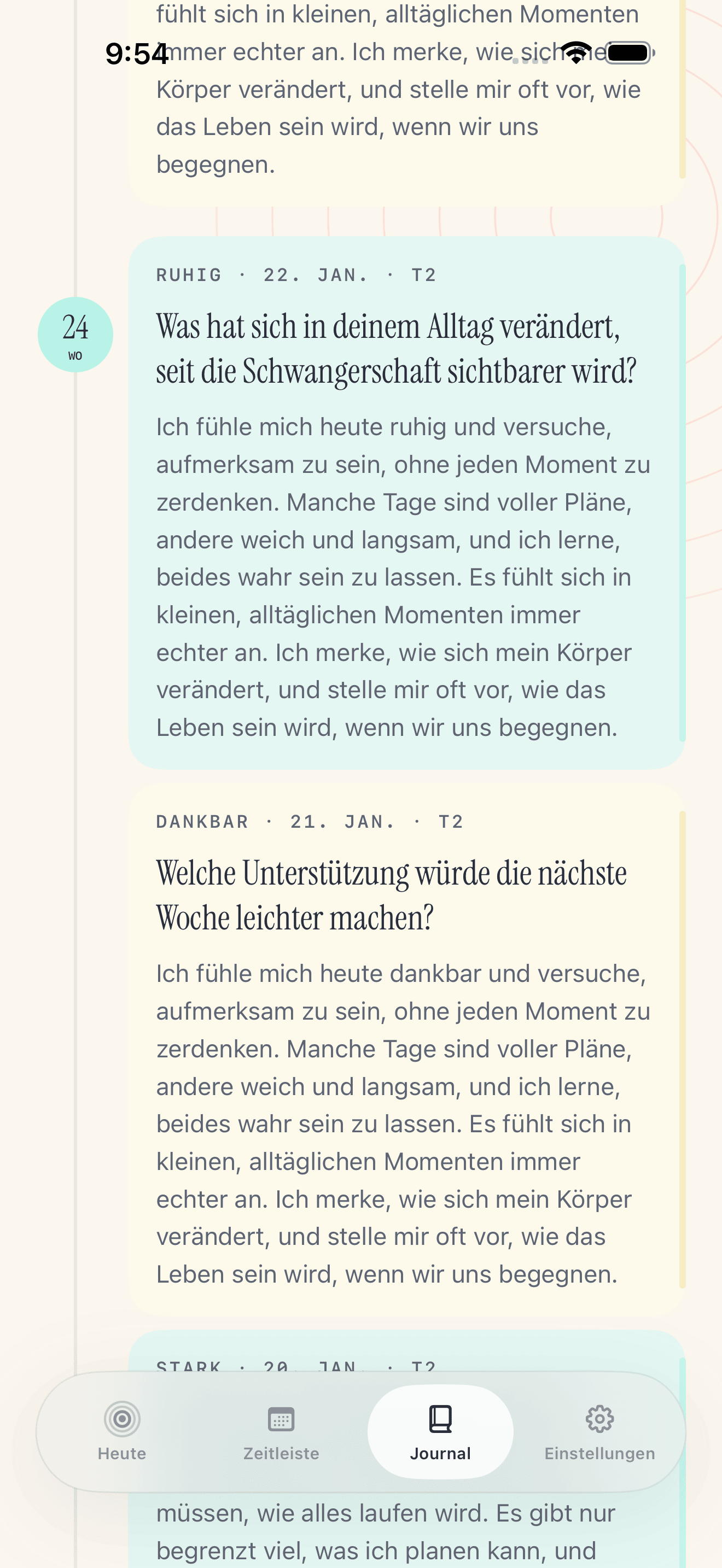 Pregnancy Growth Tracker Bildschirm zum Schreiben von Zeitschriften