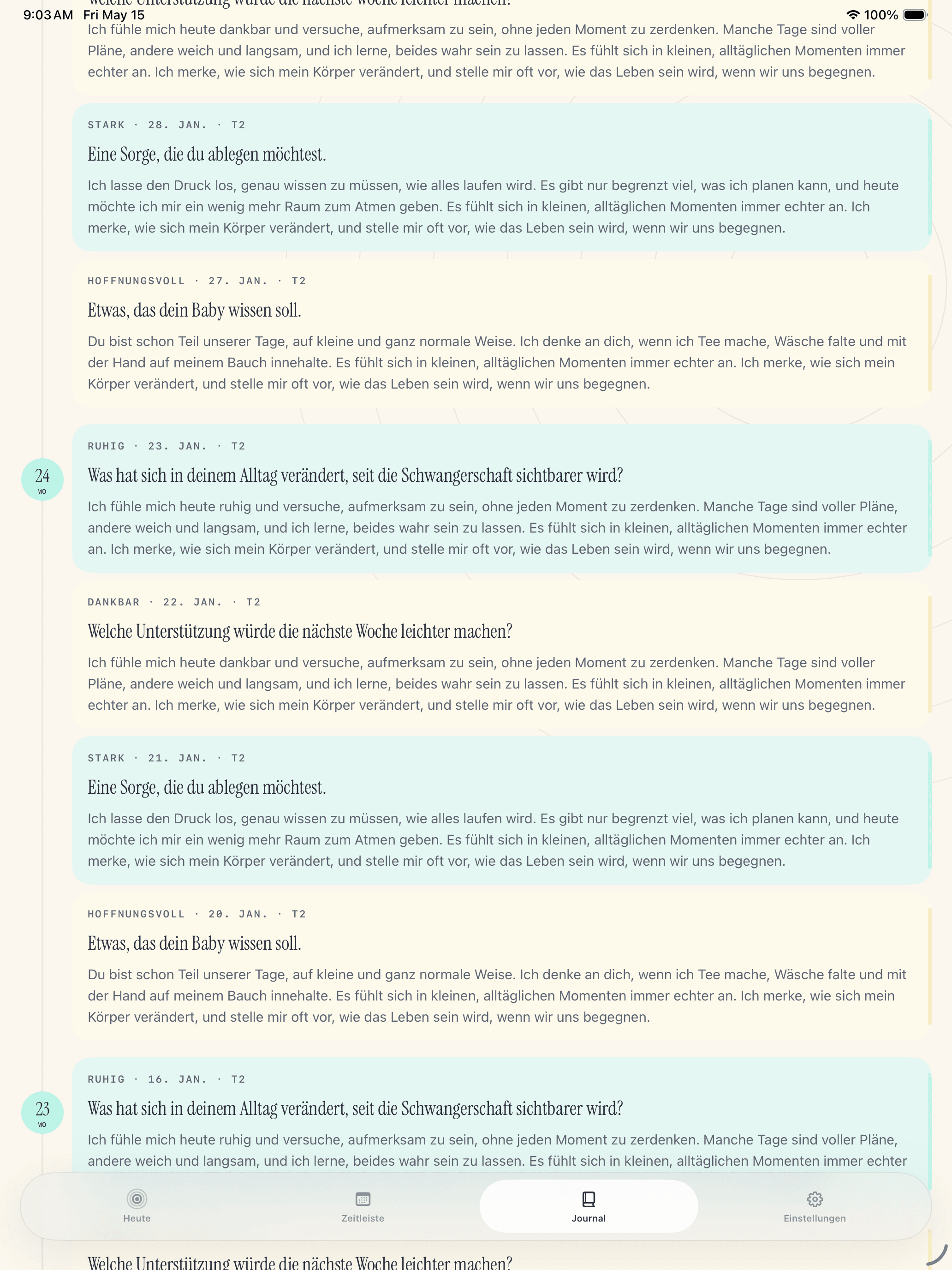 Pregnancy Growth Tracker Bildschirm mit gespeicherten Journaleinträgen