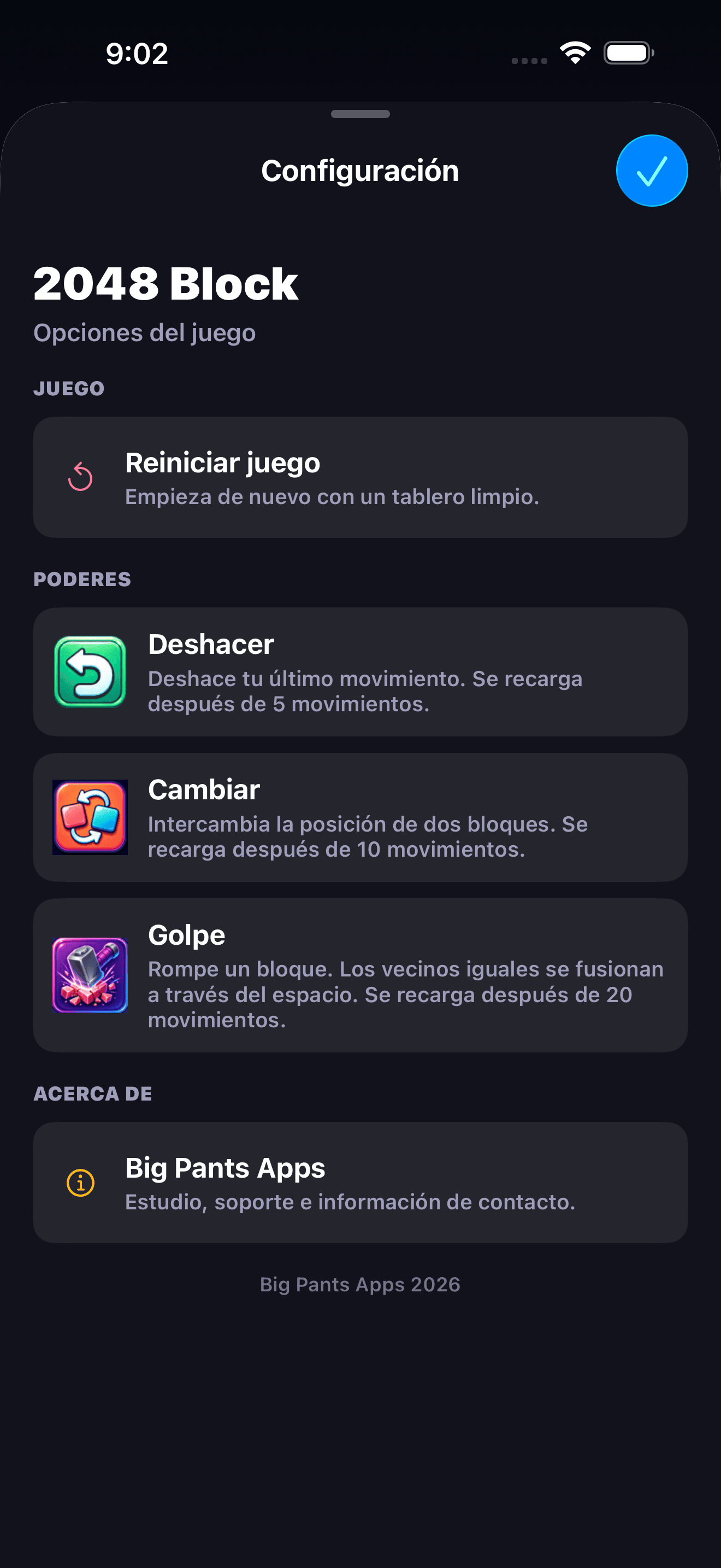 2048 Block captura de pantalla de configuración