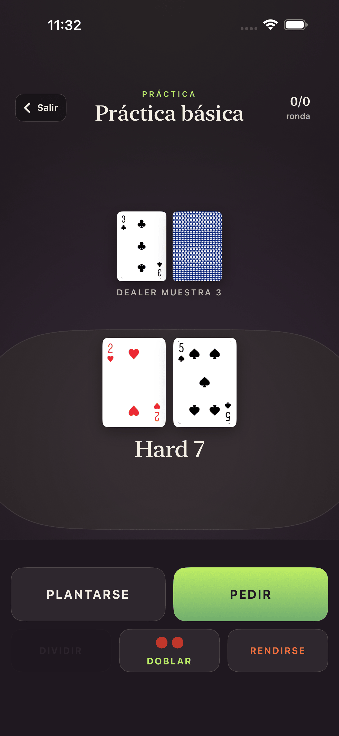 Pantalla de práctica Blackjack Drill Trainer