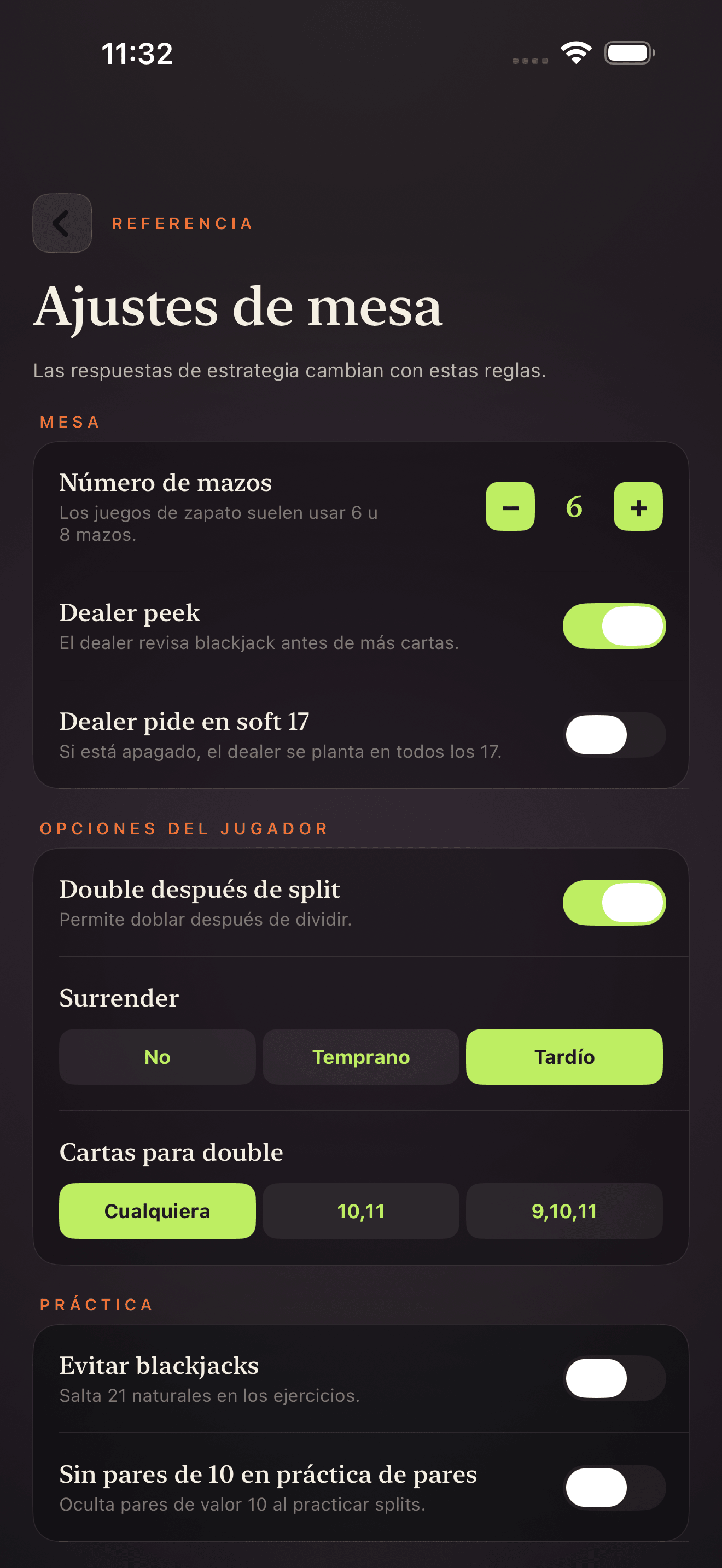 Pantalla de configuración de la tabla Blackjack Drill Trainer