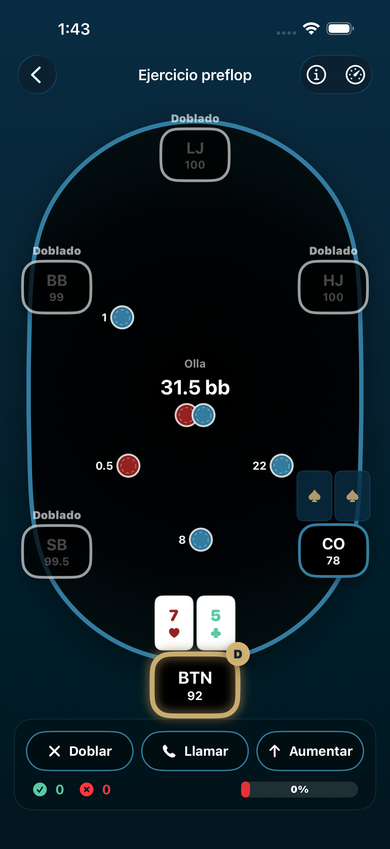 Poker Trainer Drills captura de pantalla del ejercicio preflop