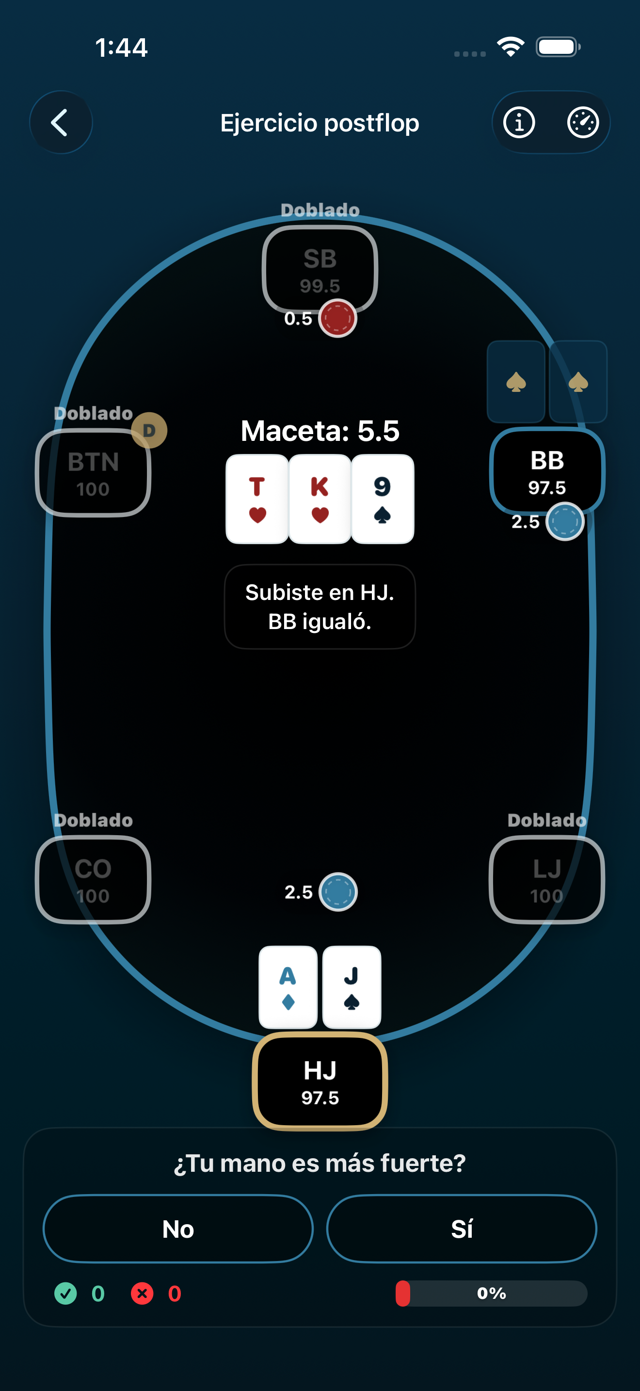 Poker Trainer Drills captura de pantalla del ejercicio postflop