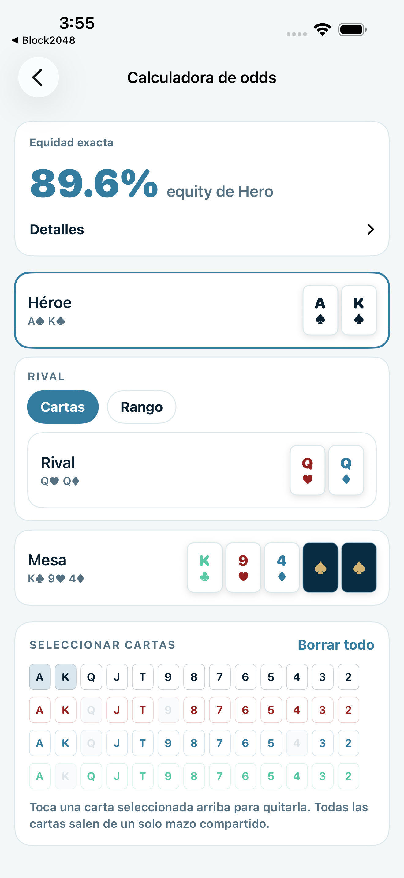 Poker Trainer Drills captura de pantalla de la calculadora de probabilidades