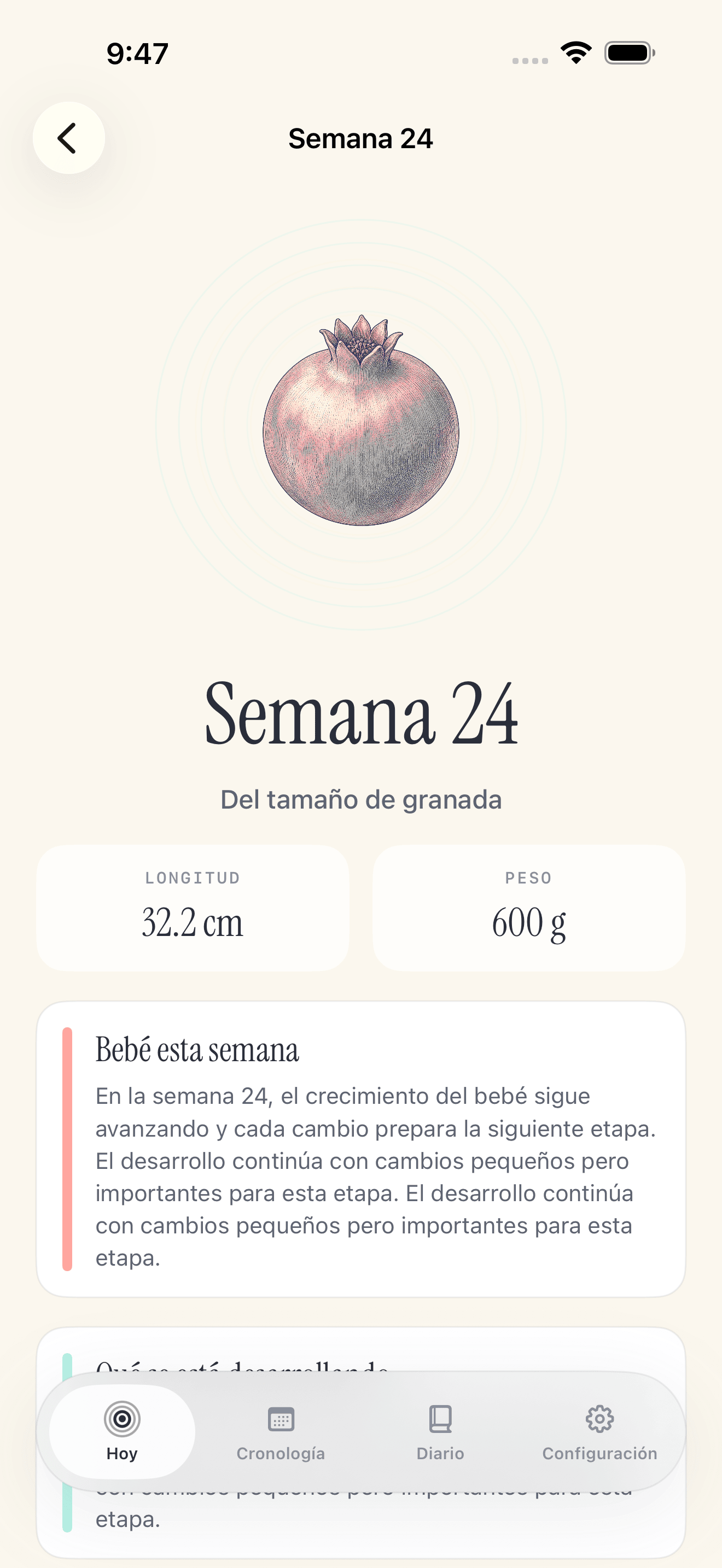 Pantalla de línea de tiempo Pregnancy Growth Tracker