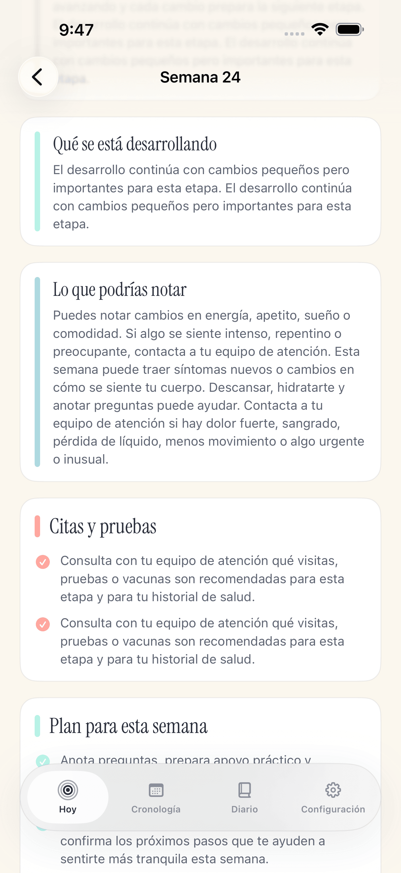 Pantalla de detalle de la semana Pregnancy Growth Tracker