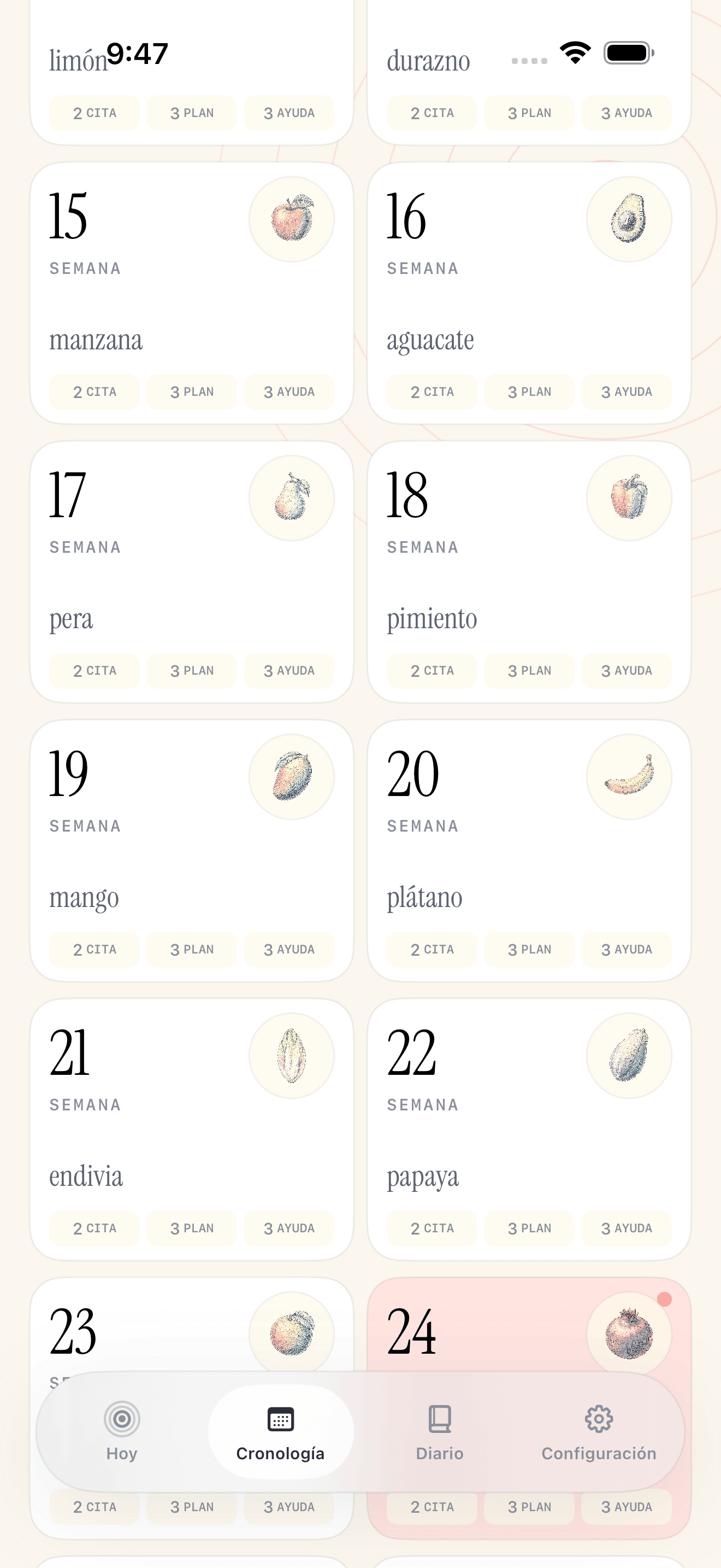 Pantalla de línea de tiempo del diario Pregnancy Growth Tracker