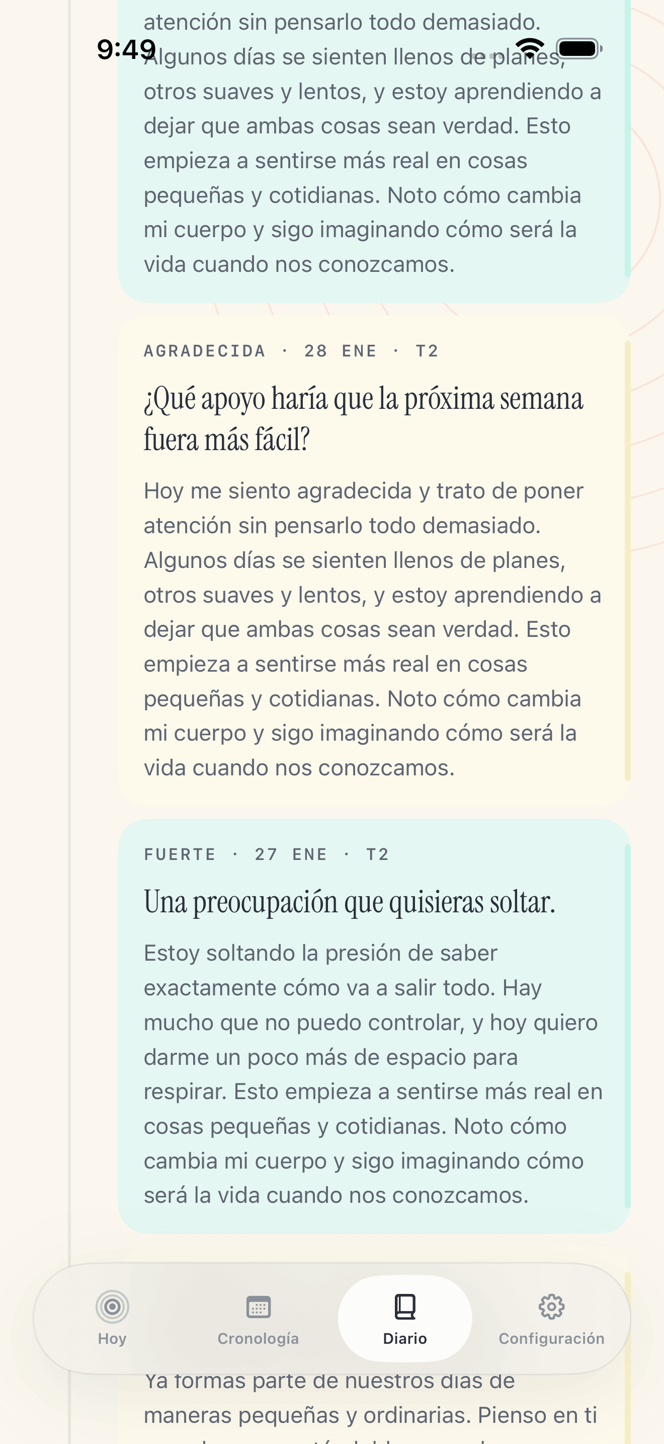 Pantalla de escritura de diario Pregnancy Growth Tracker