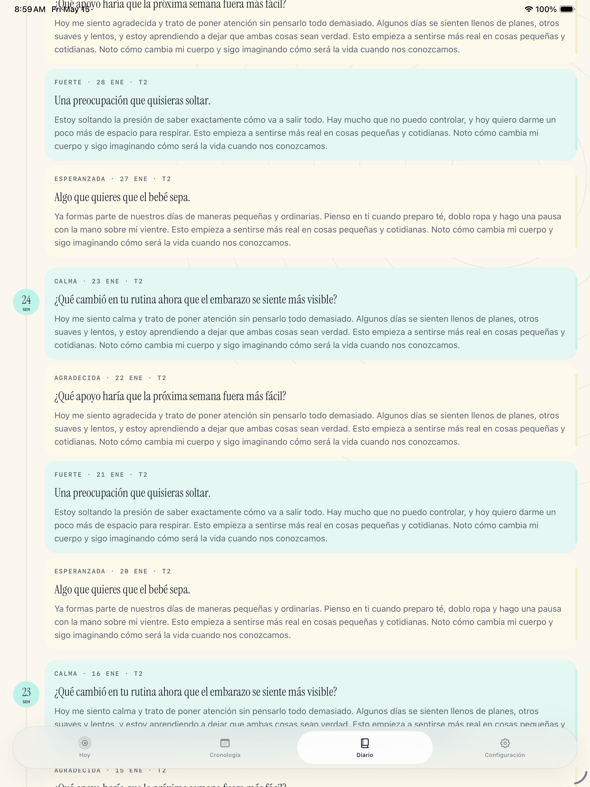 Pantalla de entradas de diario guardadas de Pregnancy Growth Tracker