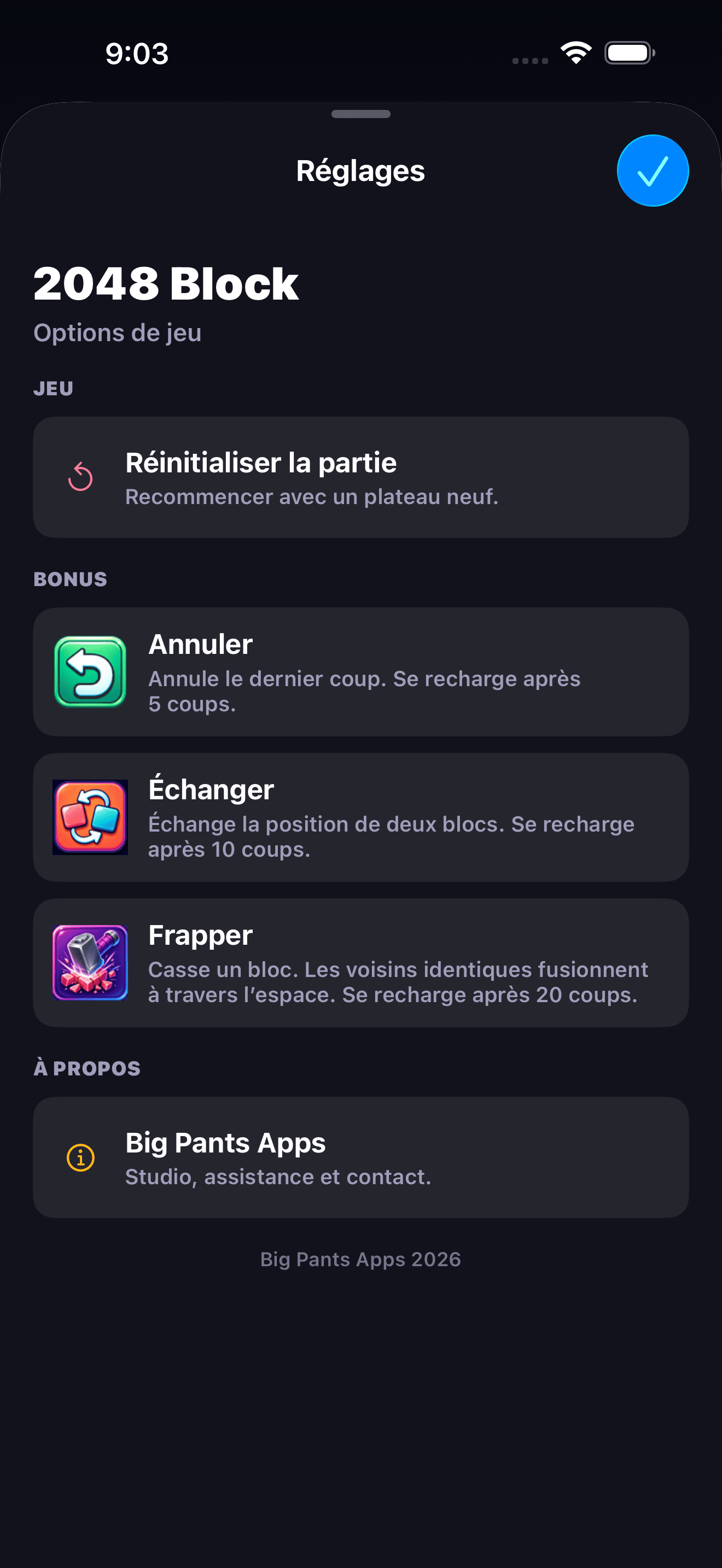 2048 Block capture d'écran des paramètres
