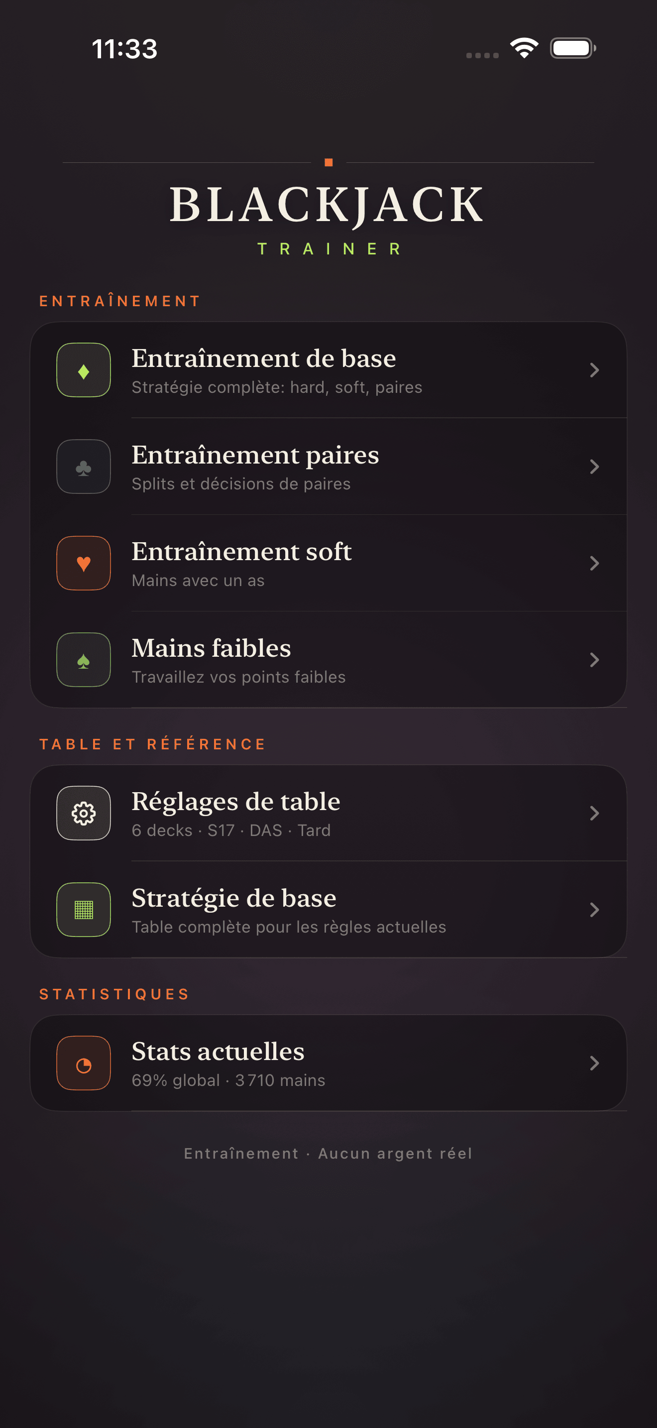 Écran du menu principal Blackjack Drill Trainer