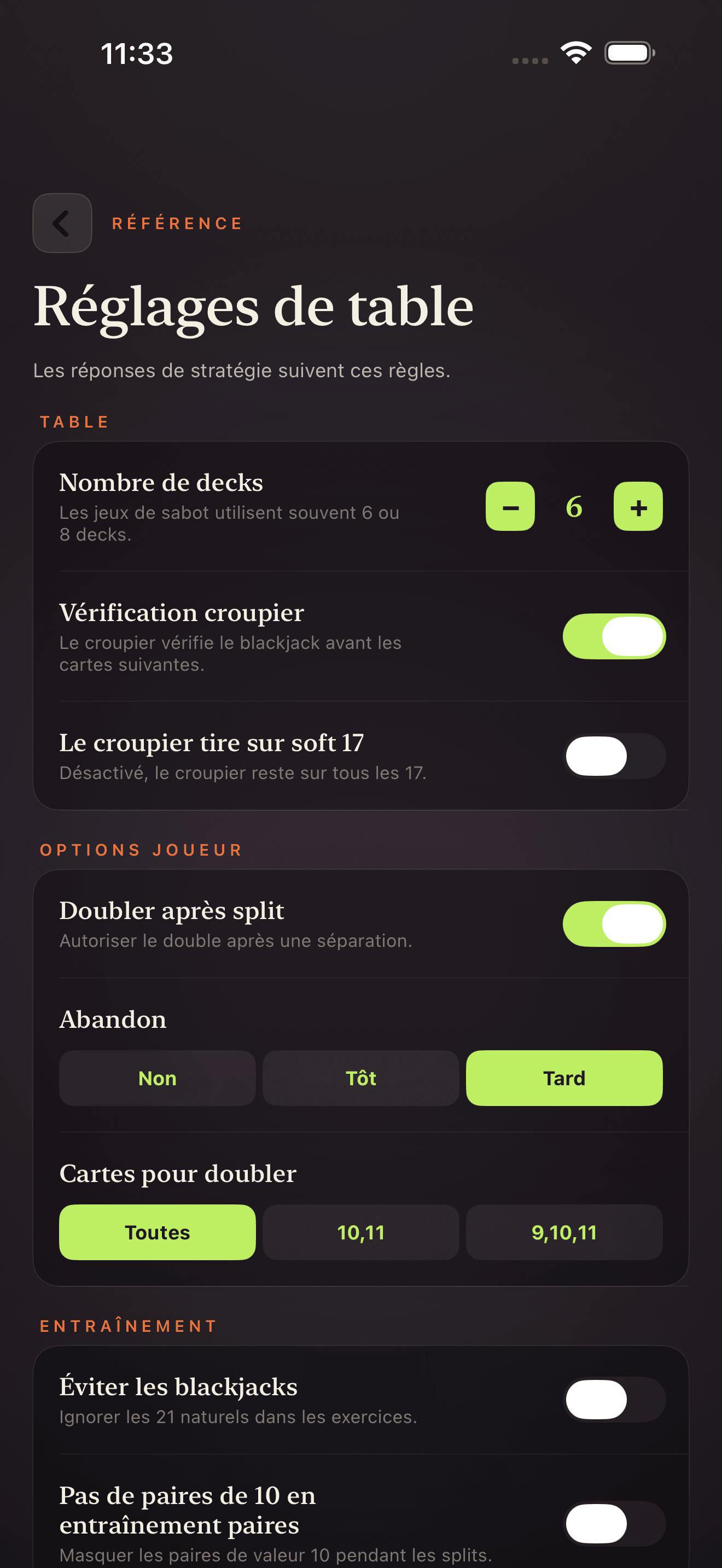 Écran de paramètres du tableau Blackjack Drill Trainer