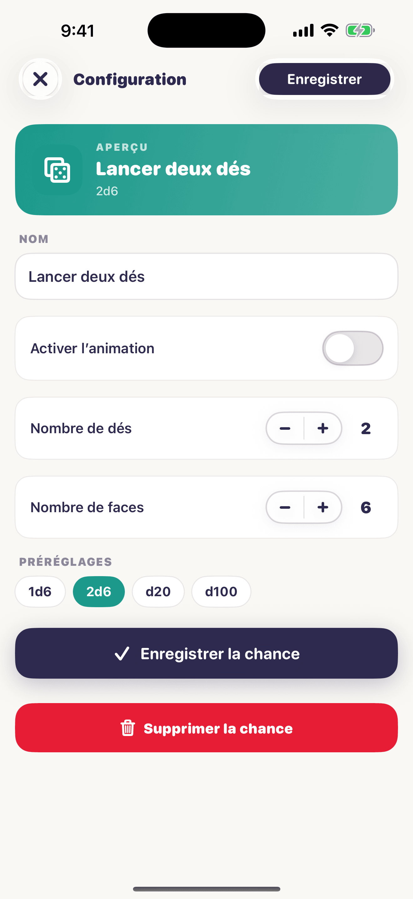 Capture d'écran de la configuration des dés Chance Kit