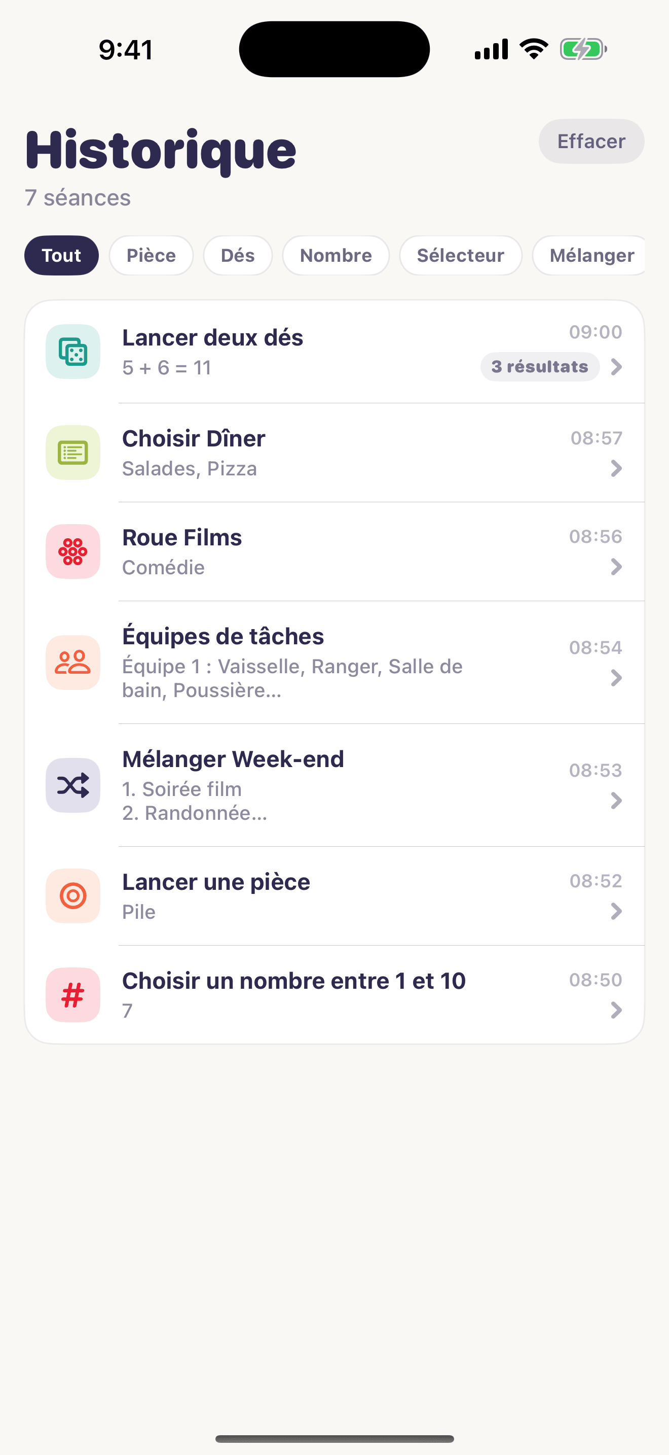 Capture d'écran de l'historique Chance Kit