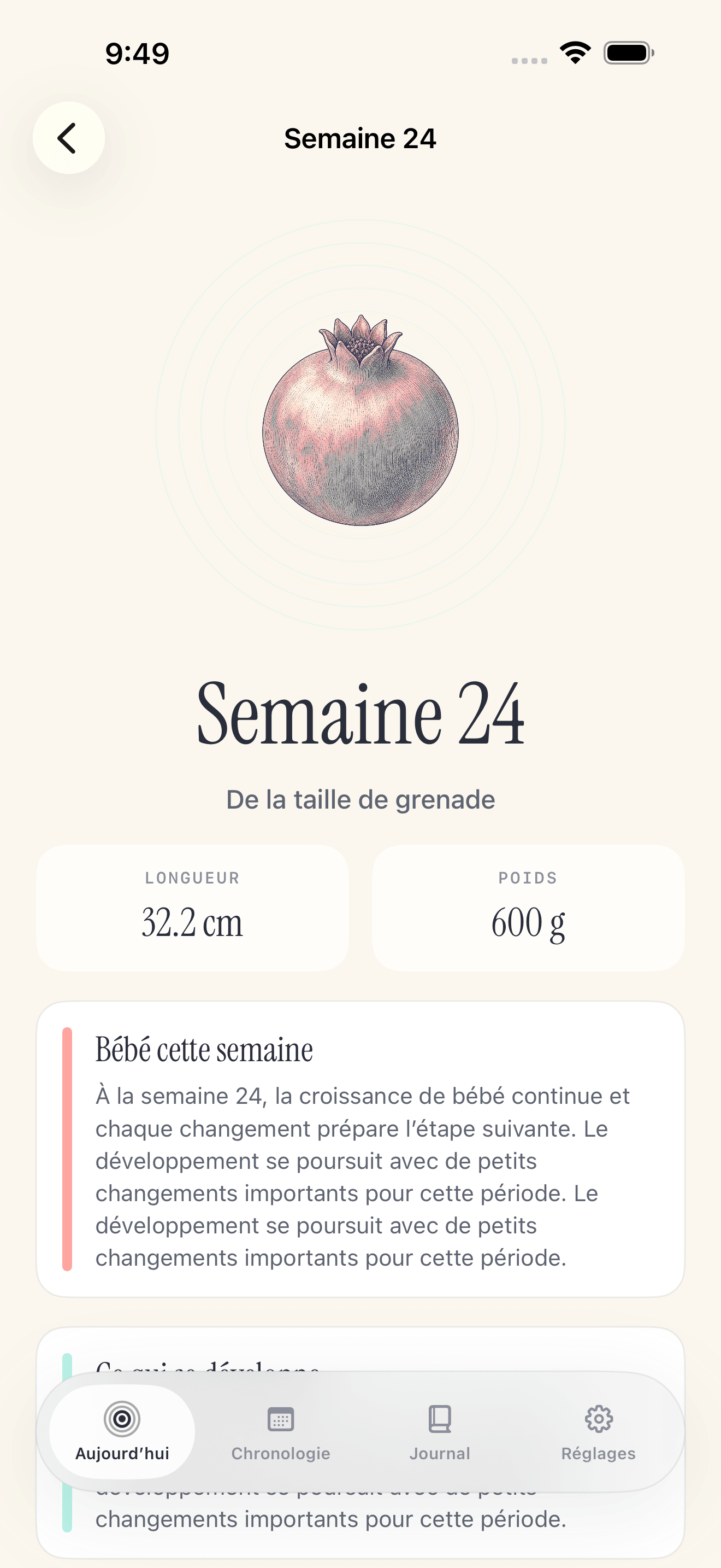 Écran de chronologie Pregnancy Growth Tracker