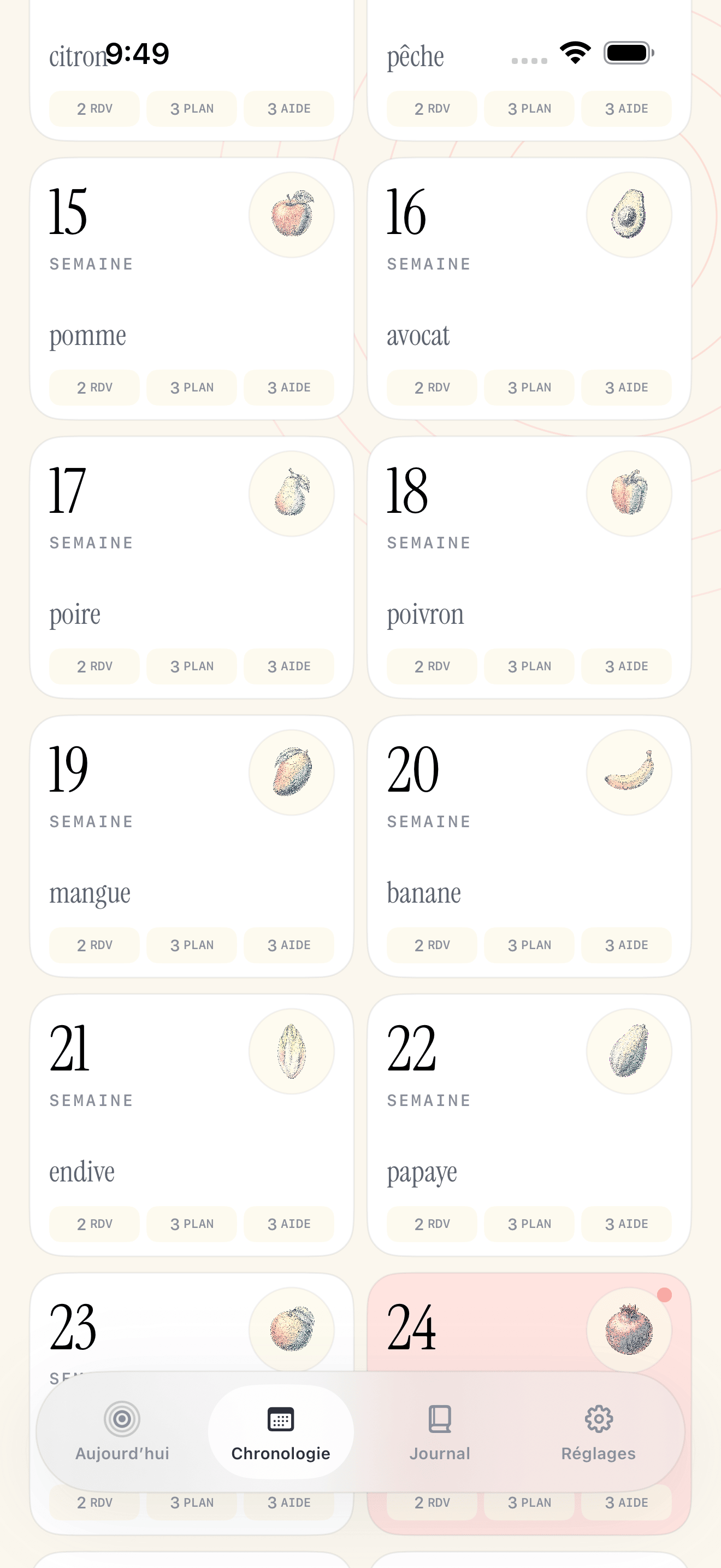 Écran de chronologie du journal Pregnancy Growth Tracker