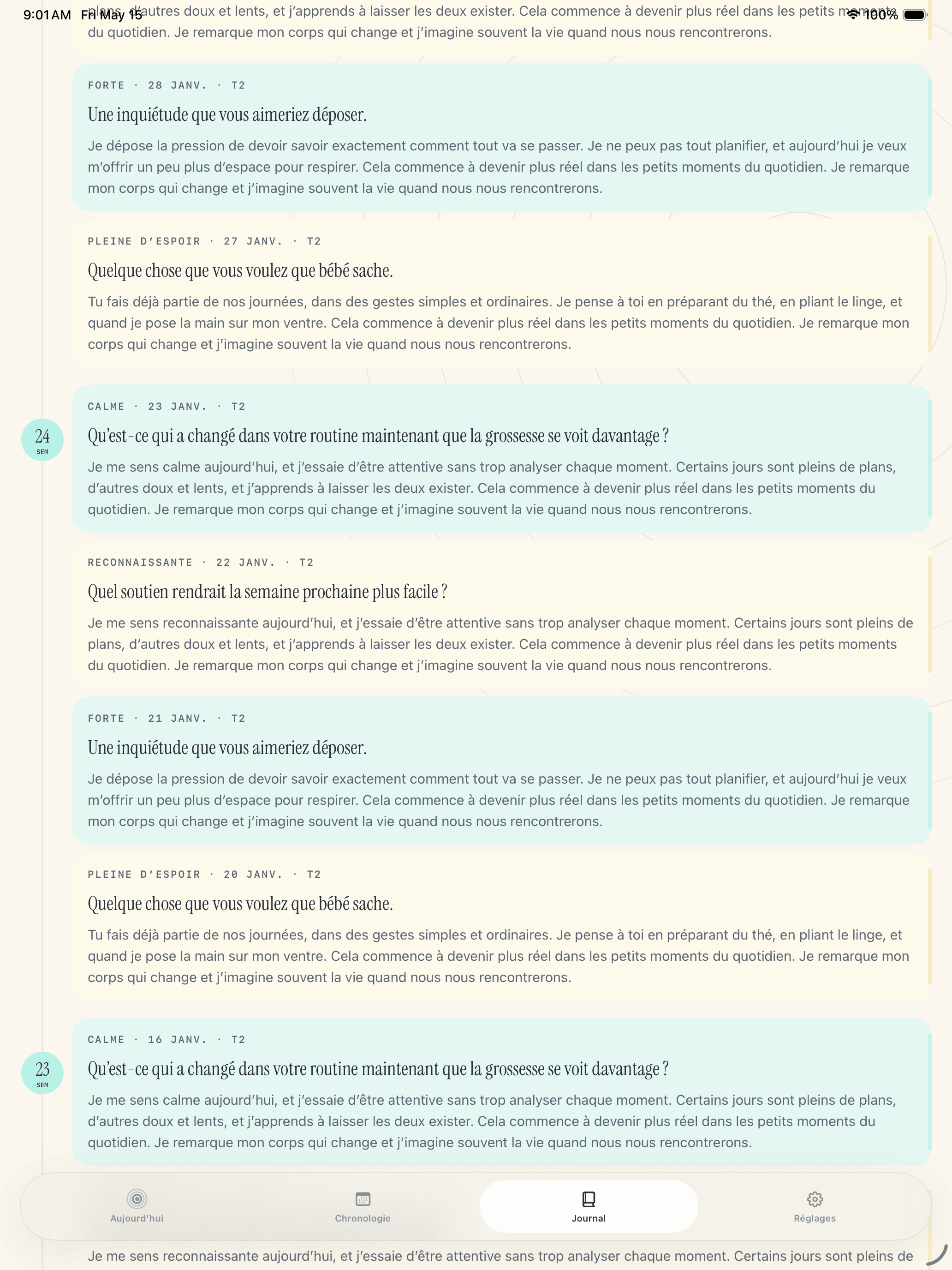Écran des écritures de journal enregistrées Pregnancy Growth Tracker