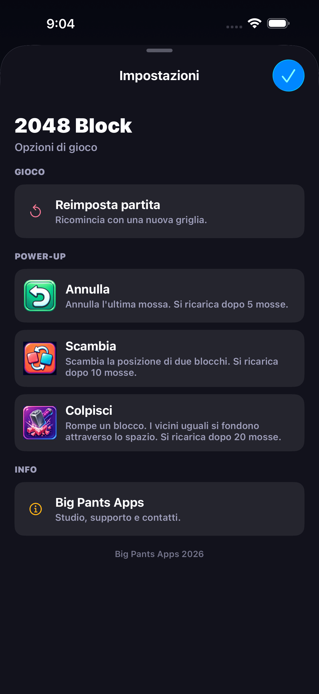2048 Block schermata delle impostazioni