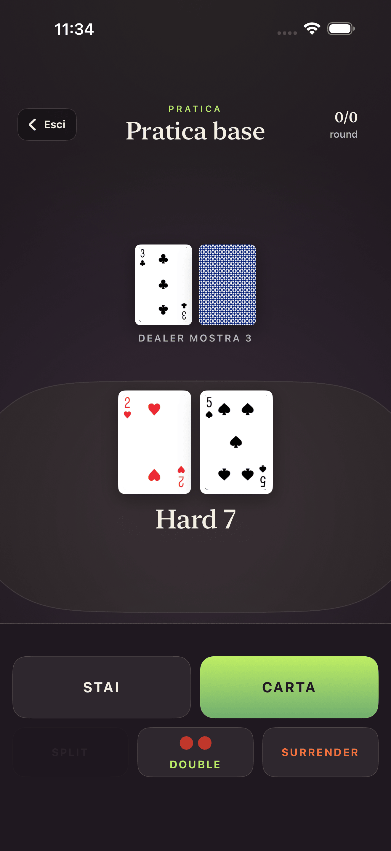 Schermata di esercitazione Blackjack Drill Trainer