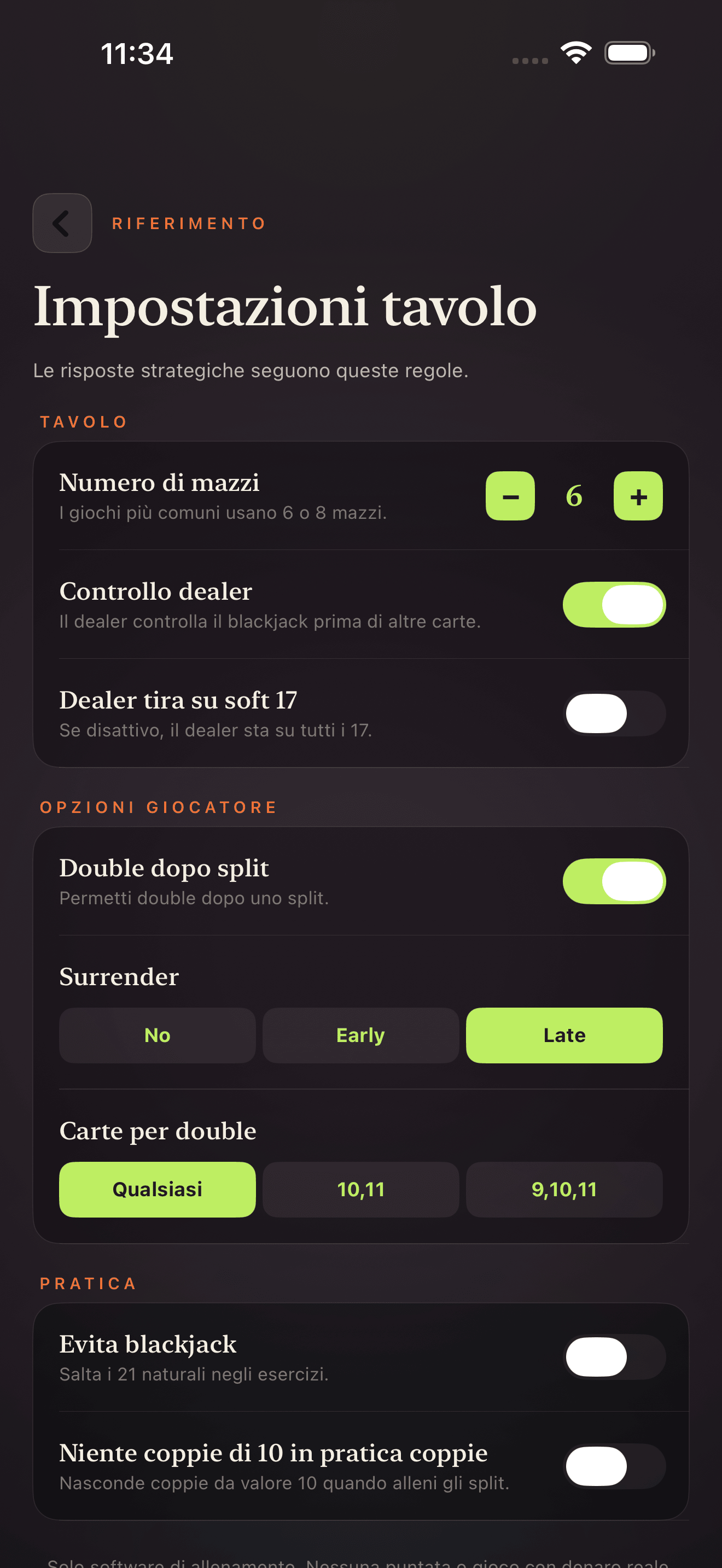 Schermata impostazioni tabella Blackjack Drill Trainer