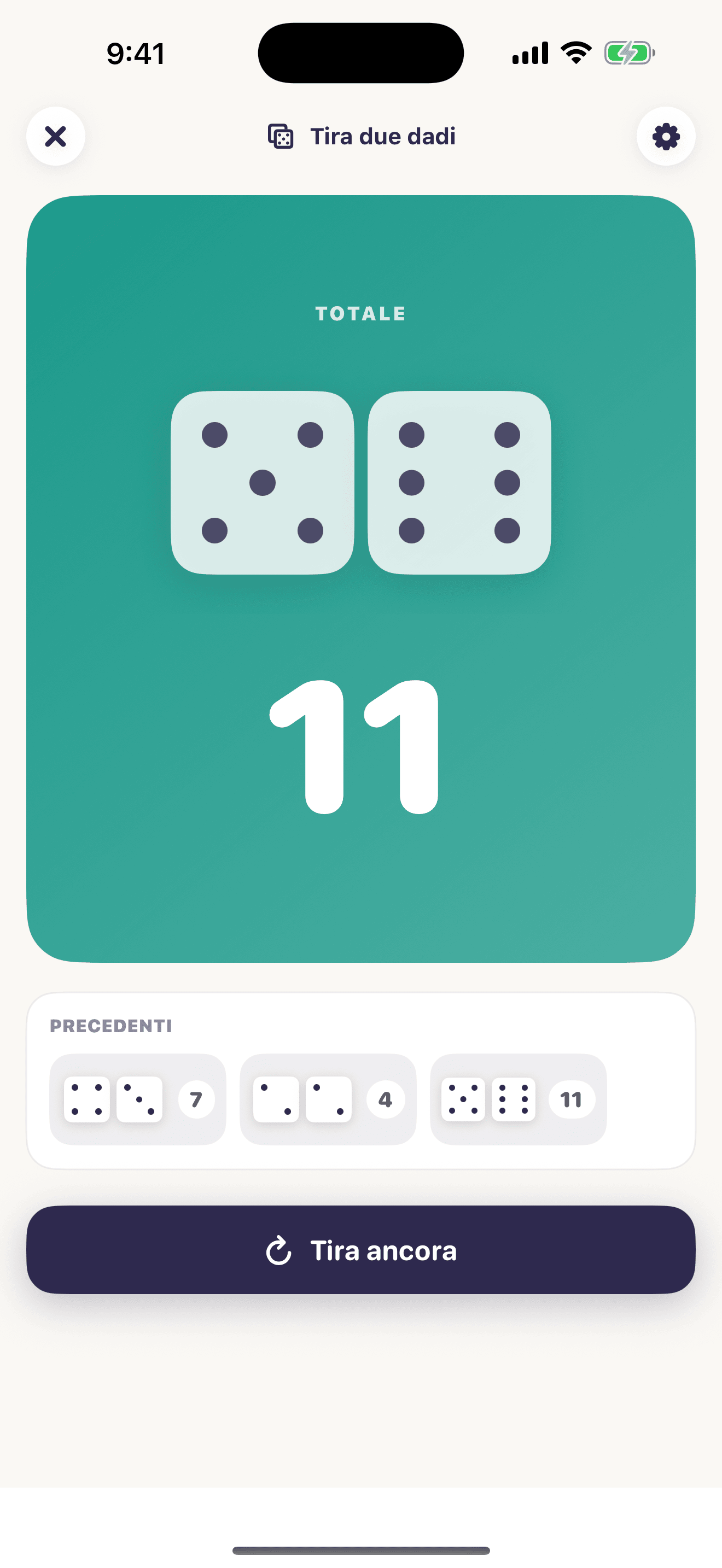 Schermata del risultato dei dadi Chance Kit