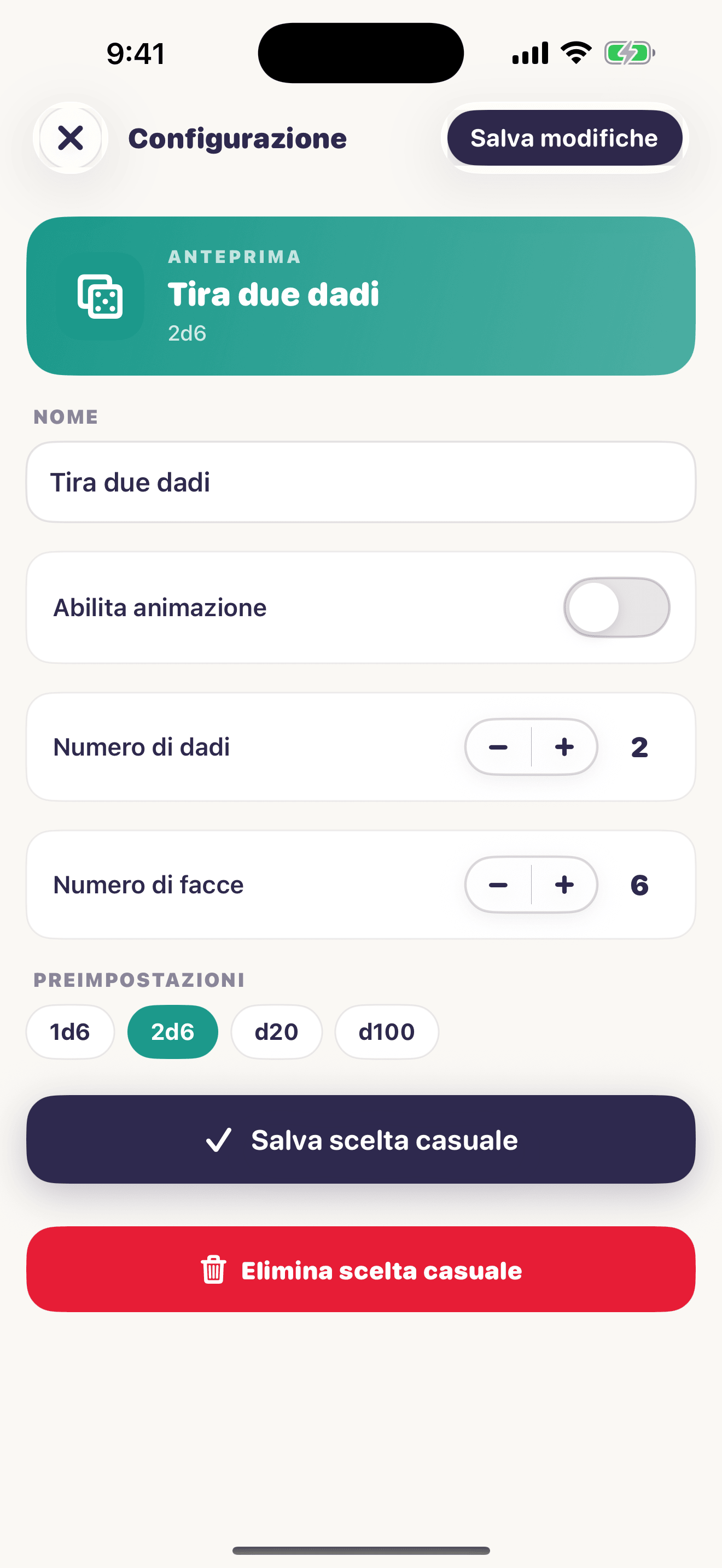 Schermata di configurazione dei dadi Chance Kit