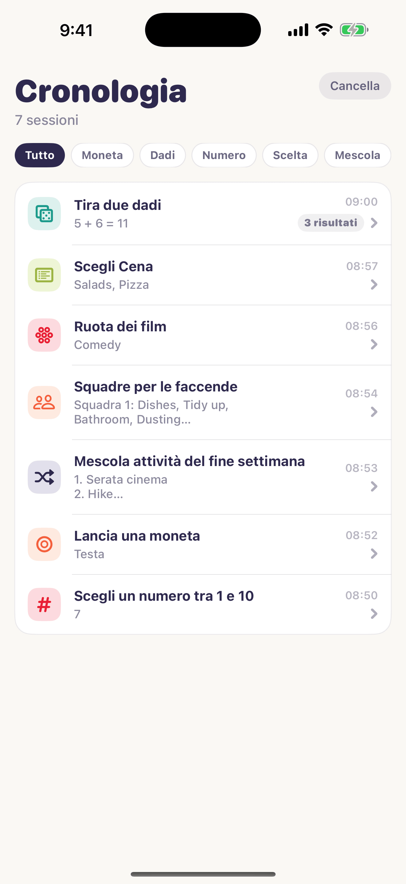 Schermata della cronologia Chance Kit