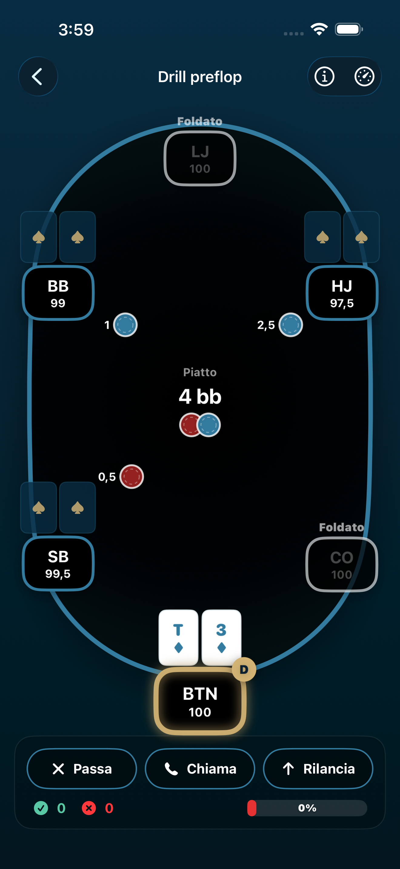 Poker Trainer Drills Screenshot dell'esercitazione preflop