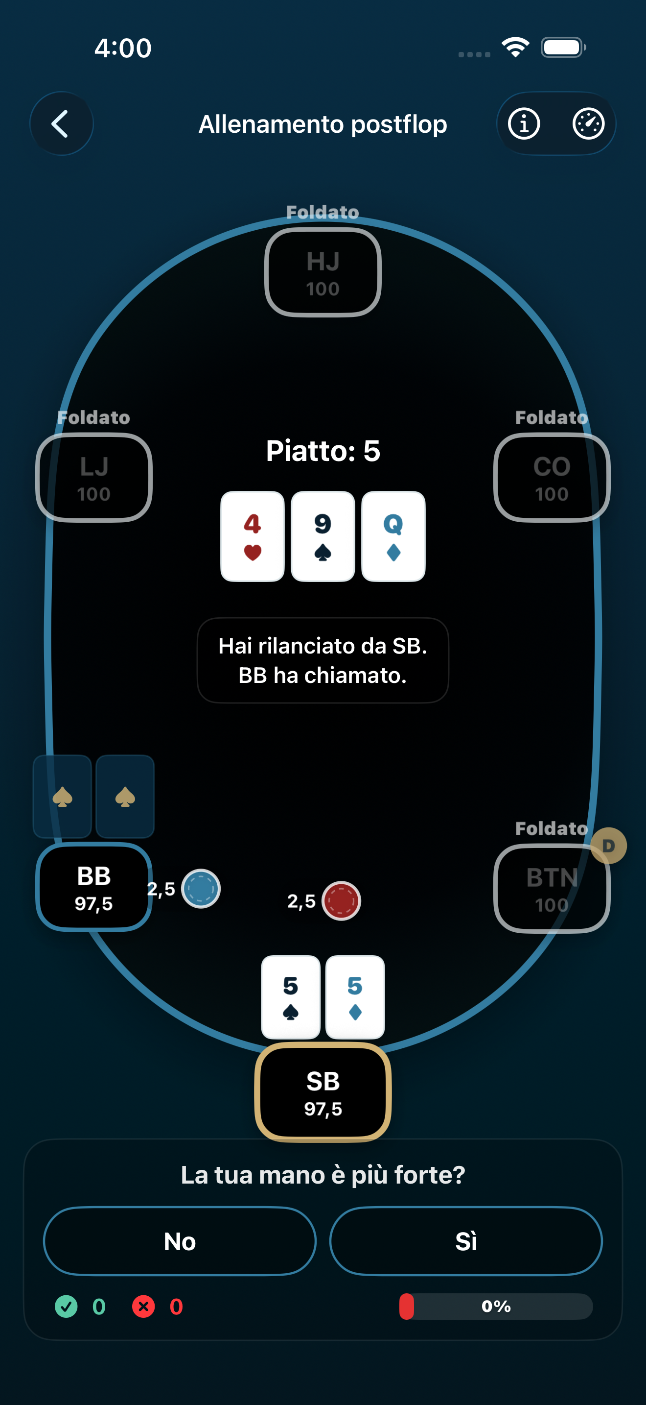Poker Trainer Drills Schermata del drill postflop