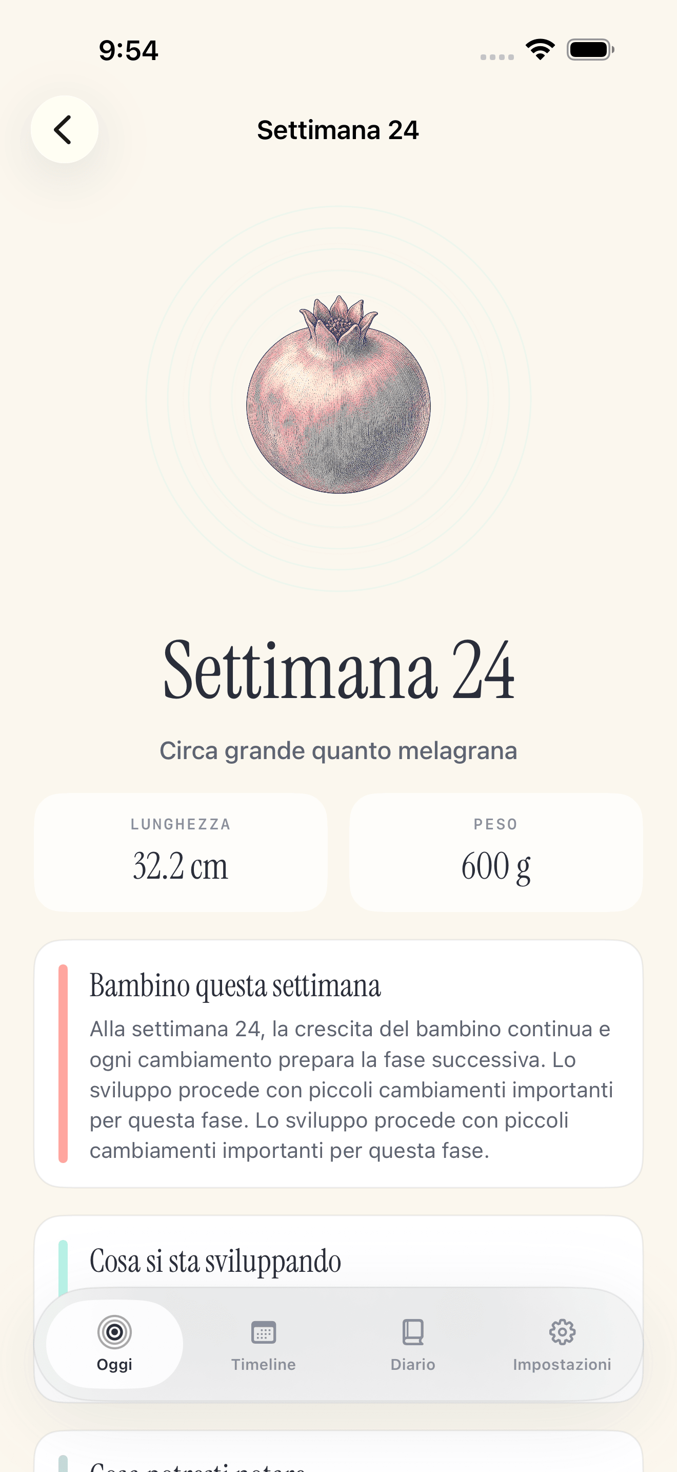 Schermata della sequenza temporale Pregnancy Growth Tracker