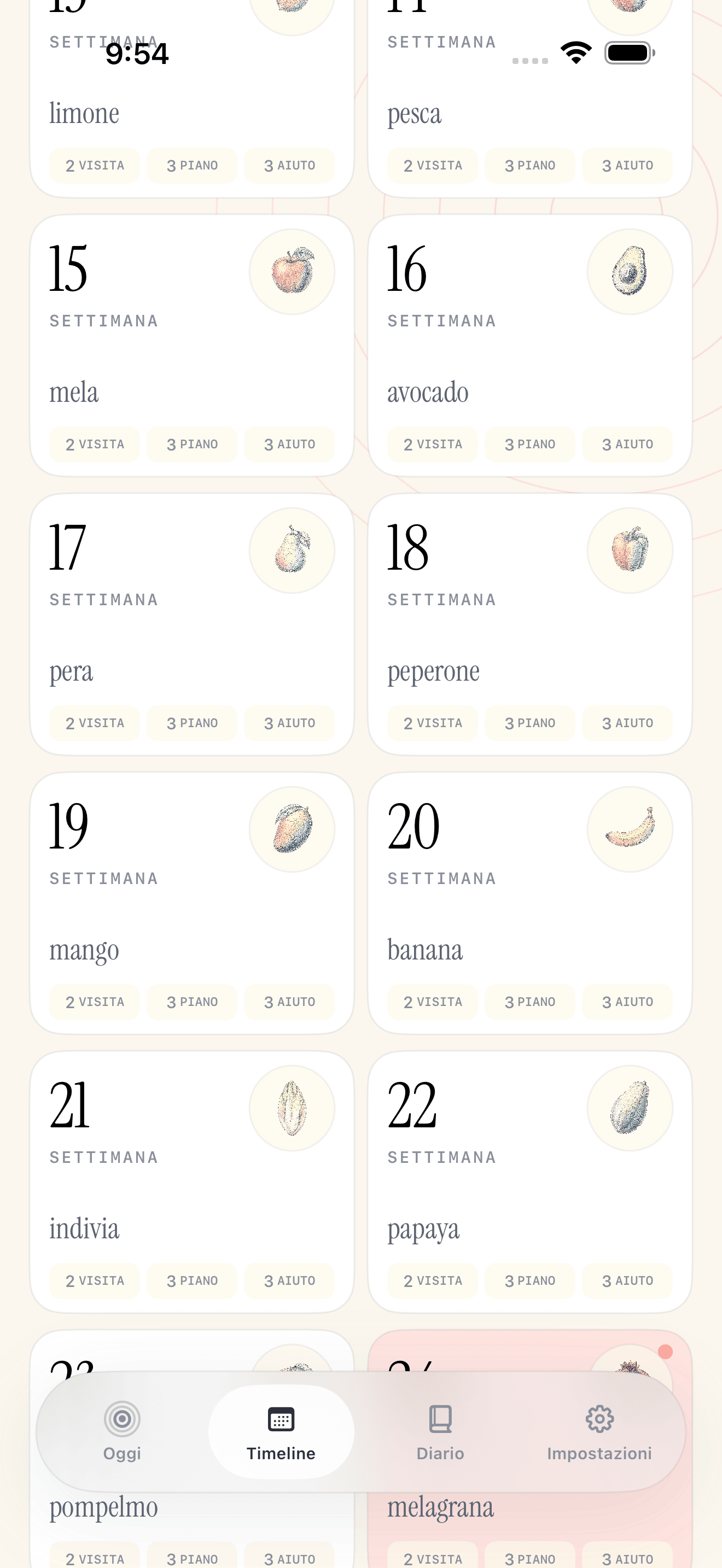 Schermata della cronologia del diario Pregnancy Growth Tracker