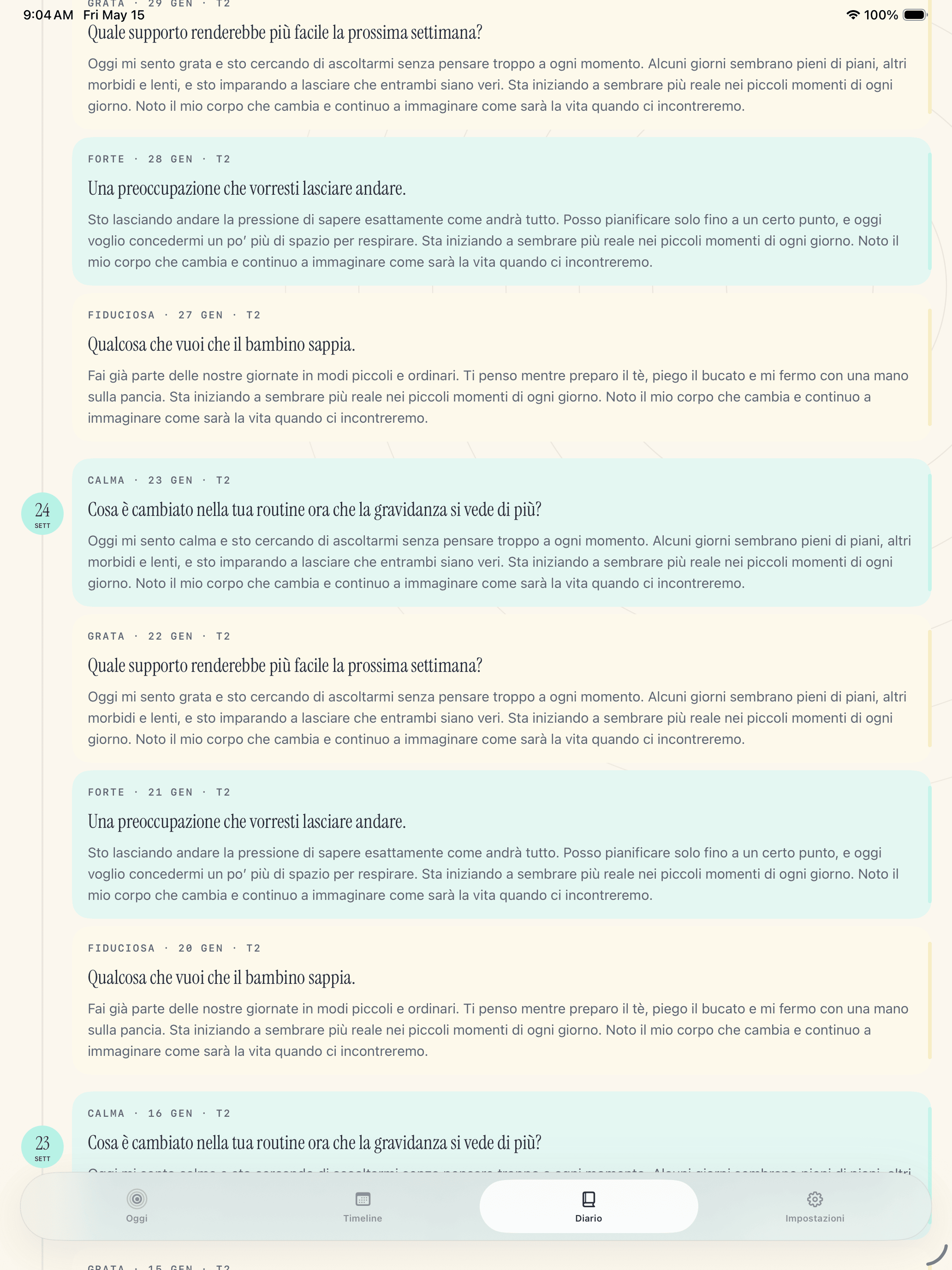 Schermata delle voci di diario salvate Pregnancy Growth Tracker