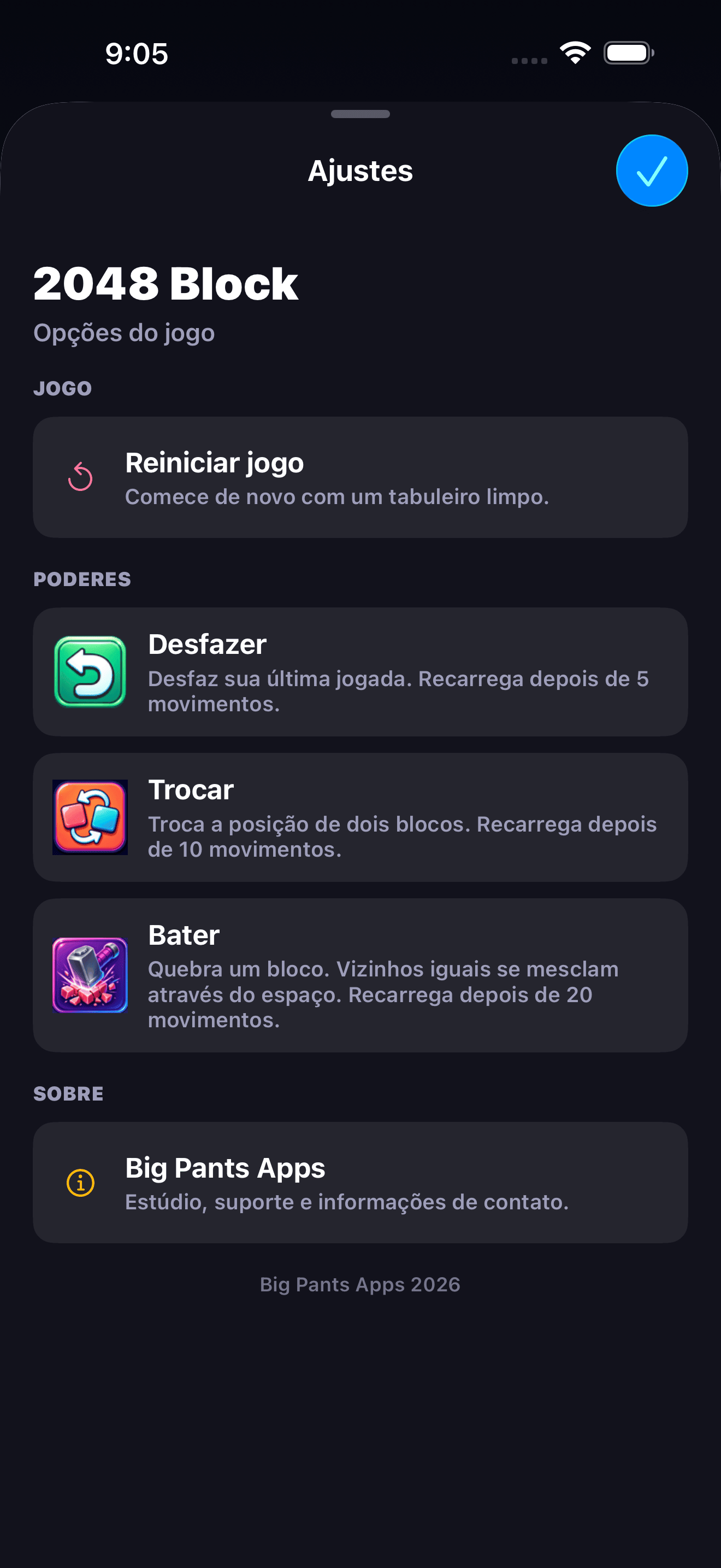 2048 Block captura de tela das configurações