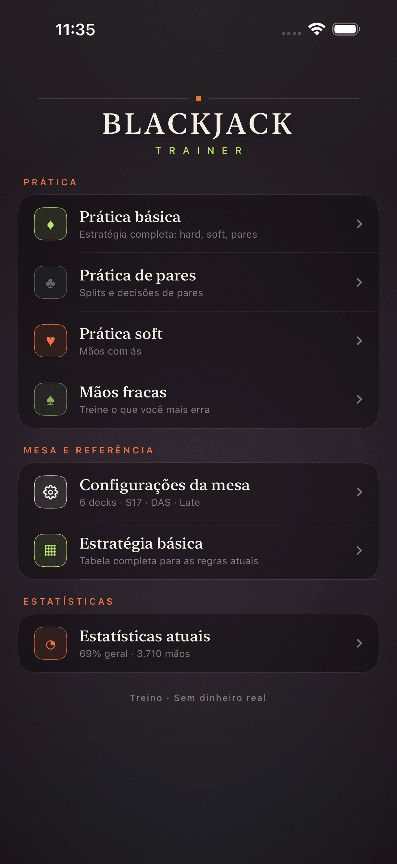 Tela do menu principal do Blackjack Drill Trainer