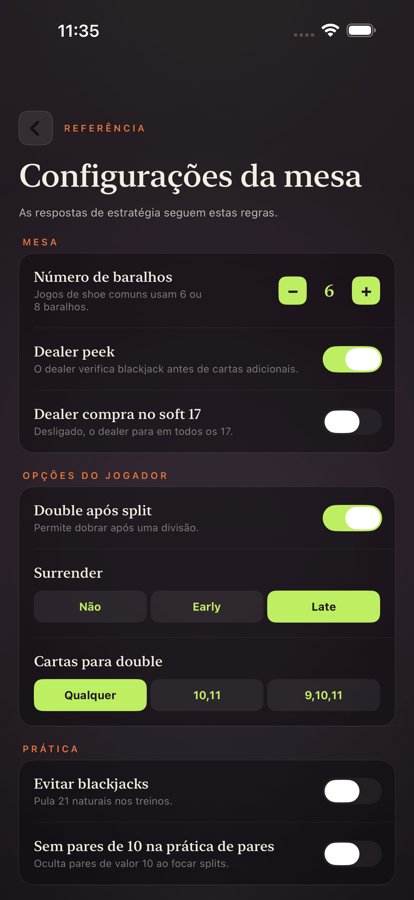 Tela de configurações da tabela Blackjack Drill Trainer