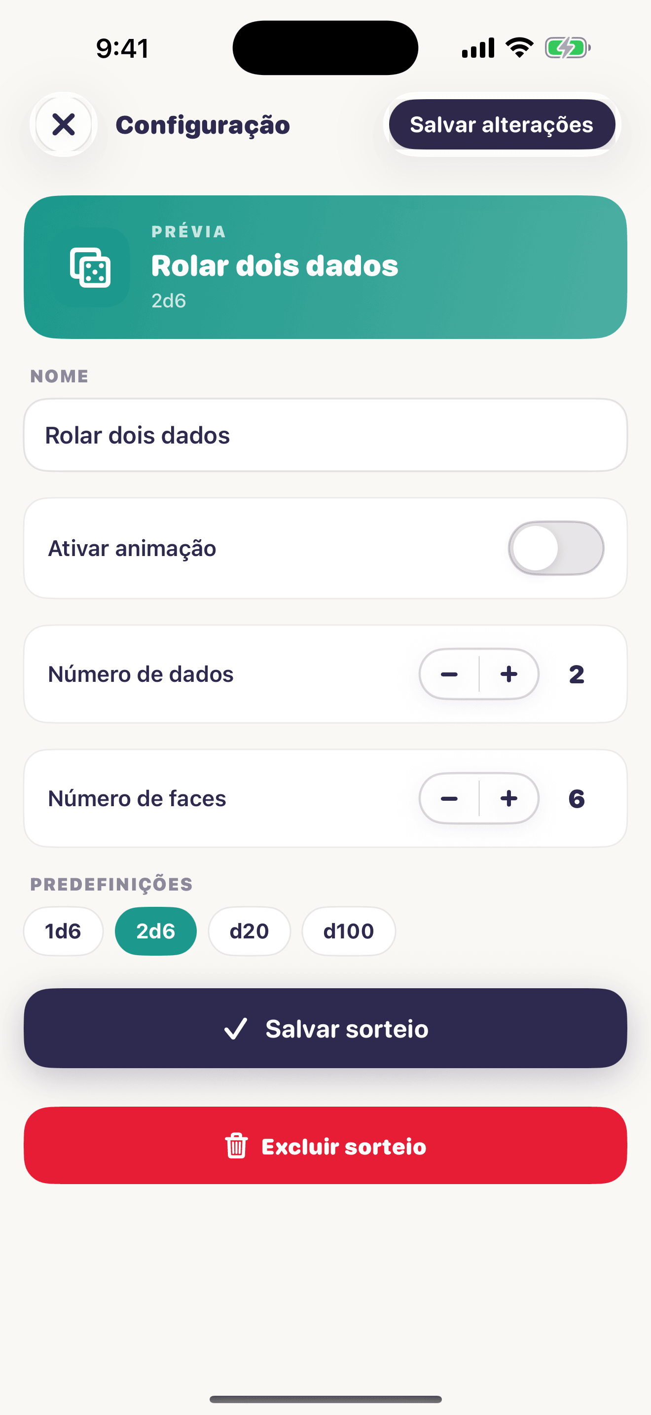 Captura de tela de configuração dos dados Chance Kit
