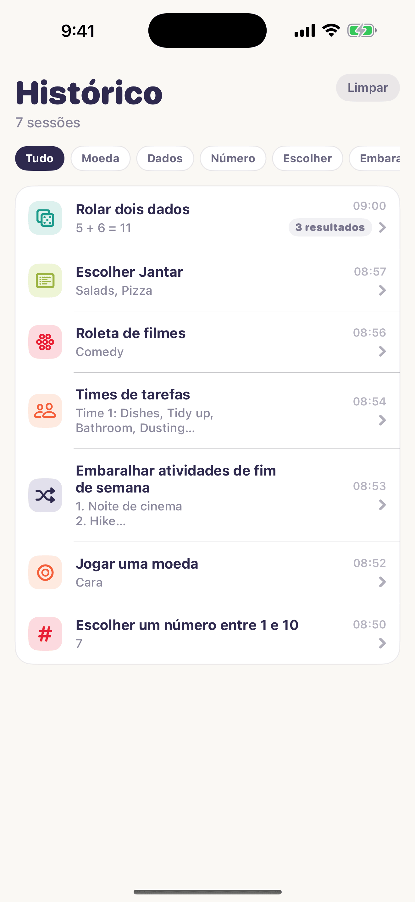 Captura de tela do histórico Chance Kit