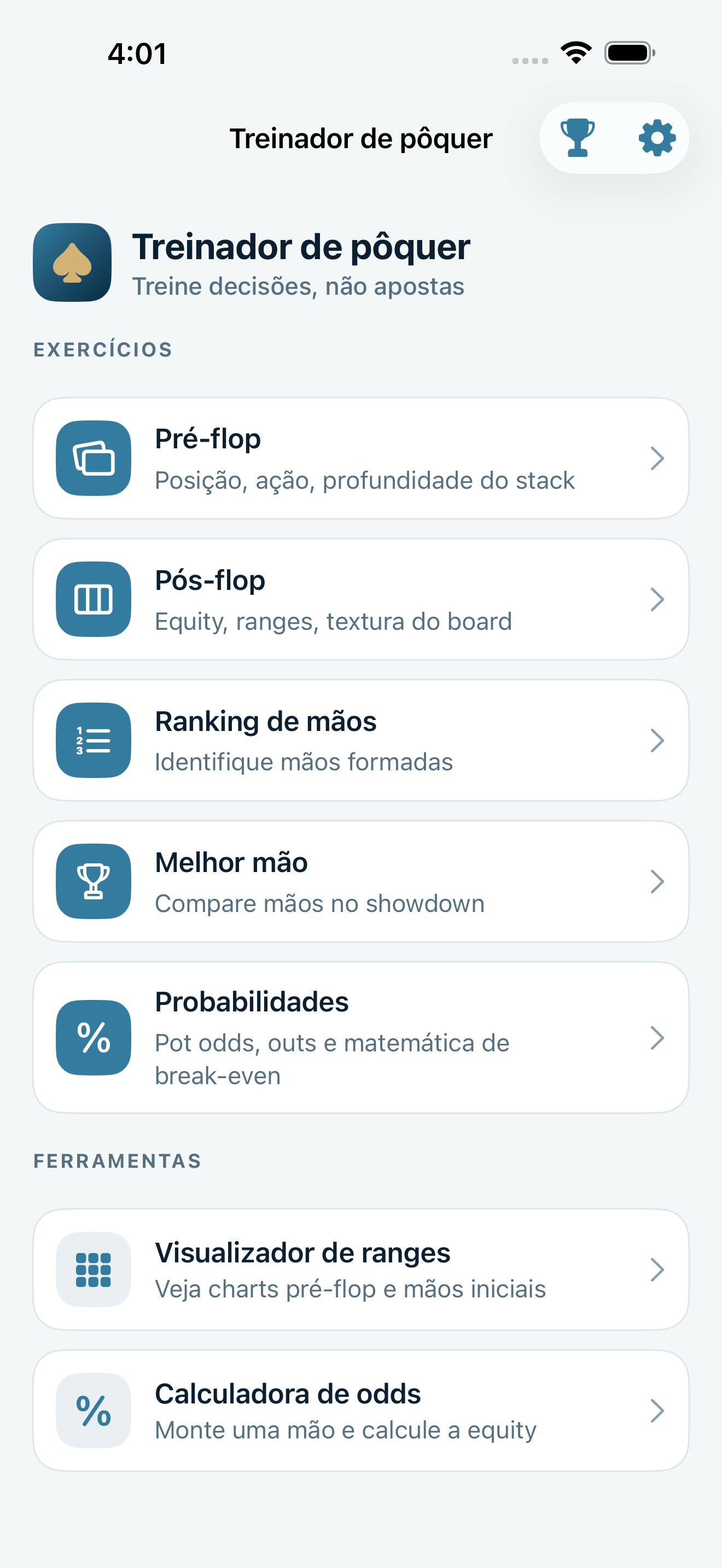 Poker Trainer Drills captura de tela do lobby