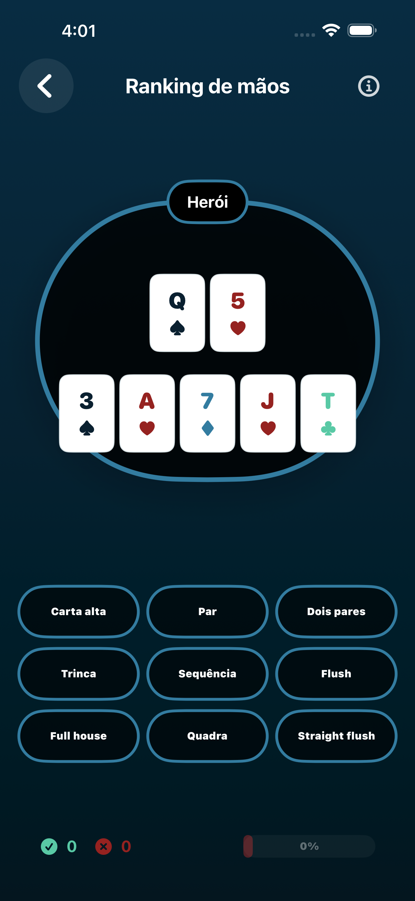 Poker Trainer Drills captura de tela da classificação das mãos