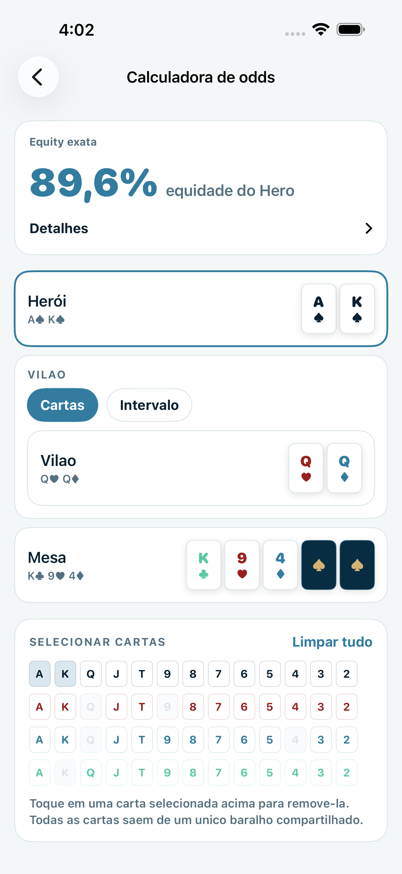 Poker Trainer Drills captura de tela da calculadora de probabilidades