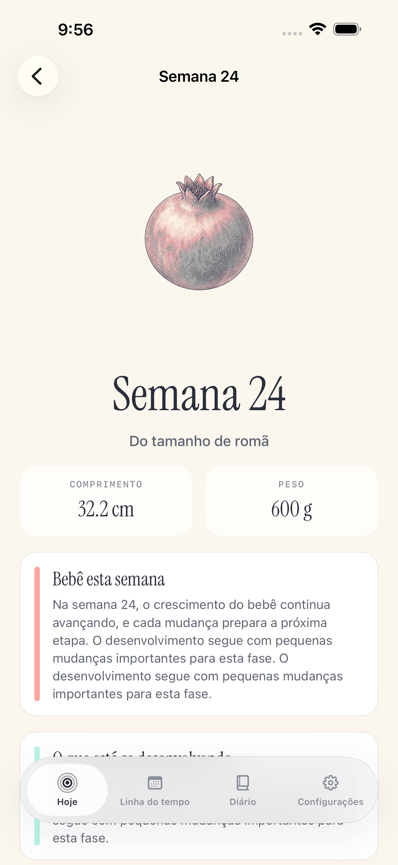 Tela da linha do tempo Pregnancy Growth Tracker